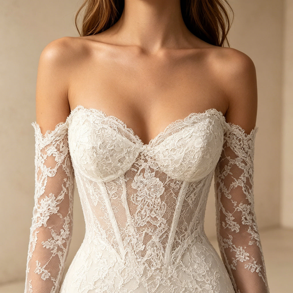 Abendkleid in Weiß aus Spitze mit Off-Shoulder-Ärmeln und Meerjungfrau-Schnitt