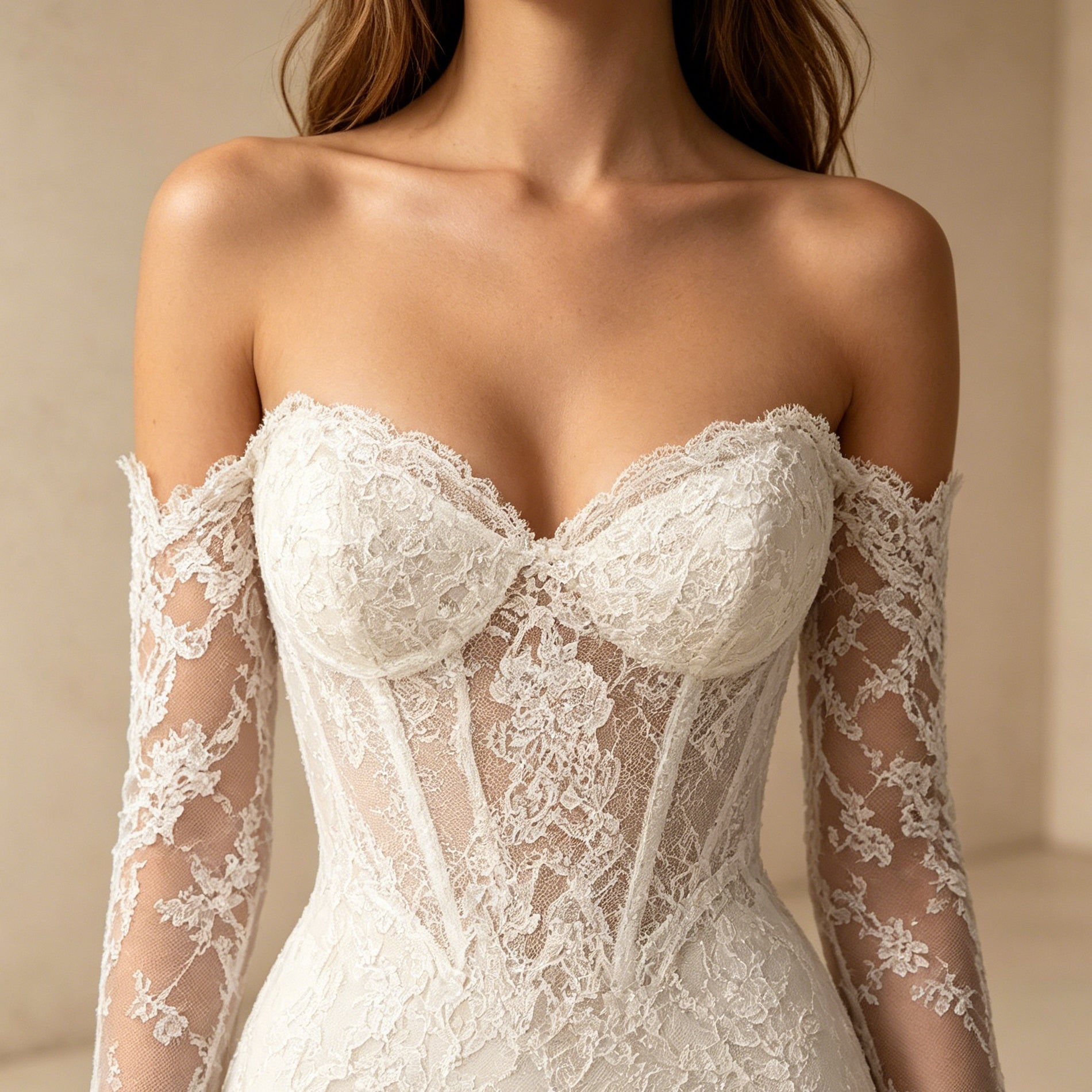 Abendkleid in Weiß aus Spitze mit Off-Shoulder-Ärmeln und Meerjungfrau-Schnitt