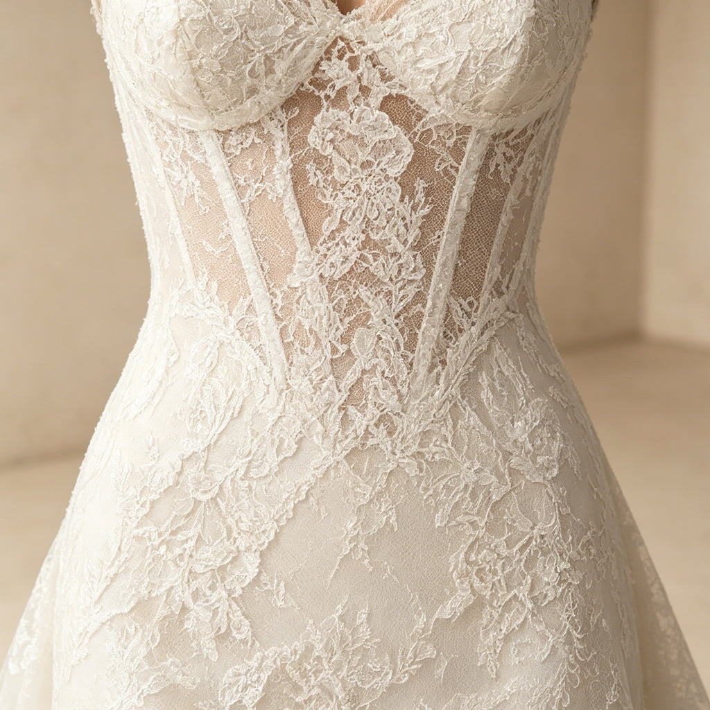 Abendkleid in Weiß aus Spitze mit Off-Shoulder-Ärmeln und Meerjungfrau-Schnitt