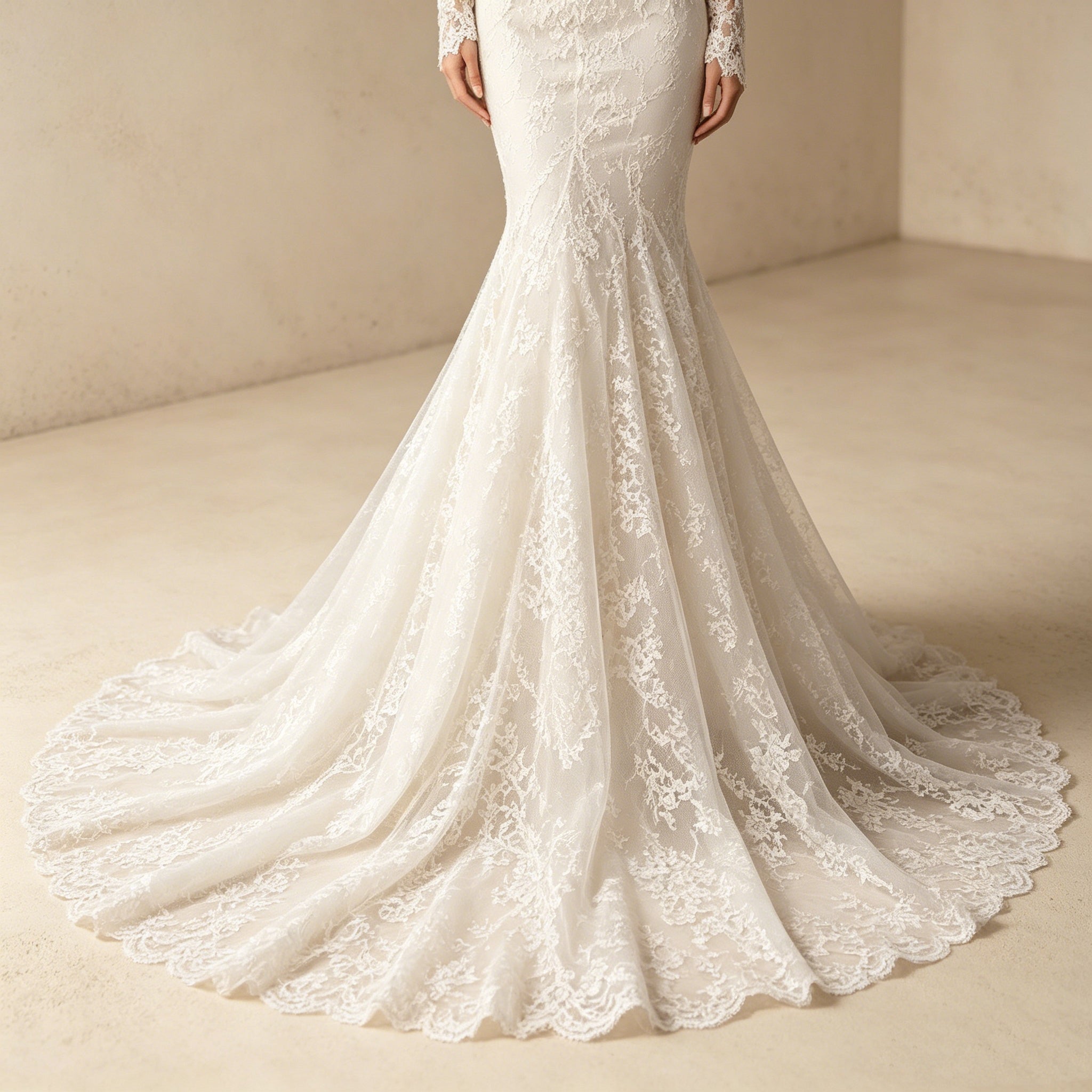 Abendkleid in Weiß aus Spitze mit Off-Shoulder-Ärmeln und Meerjungfrau-Schnitt
