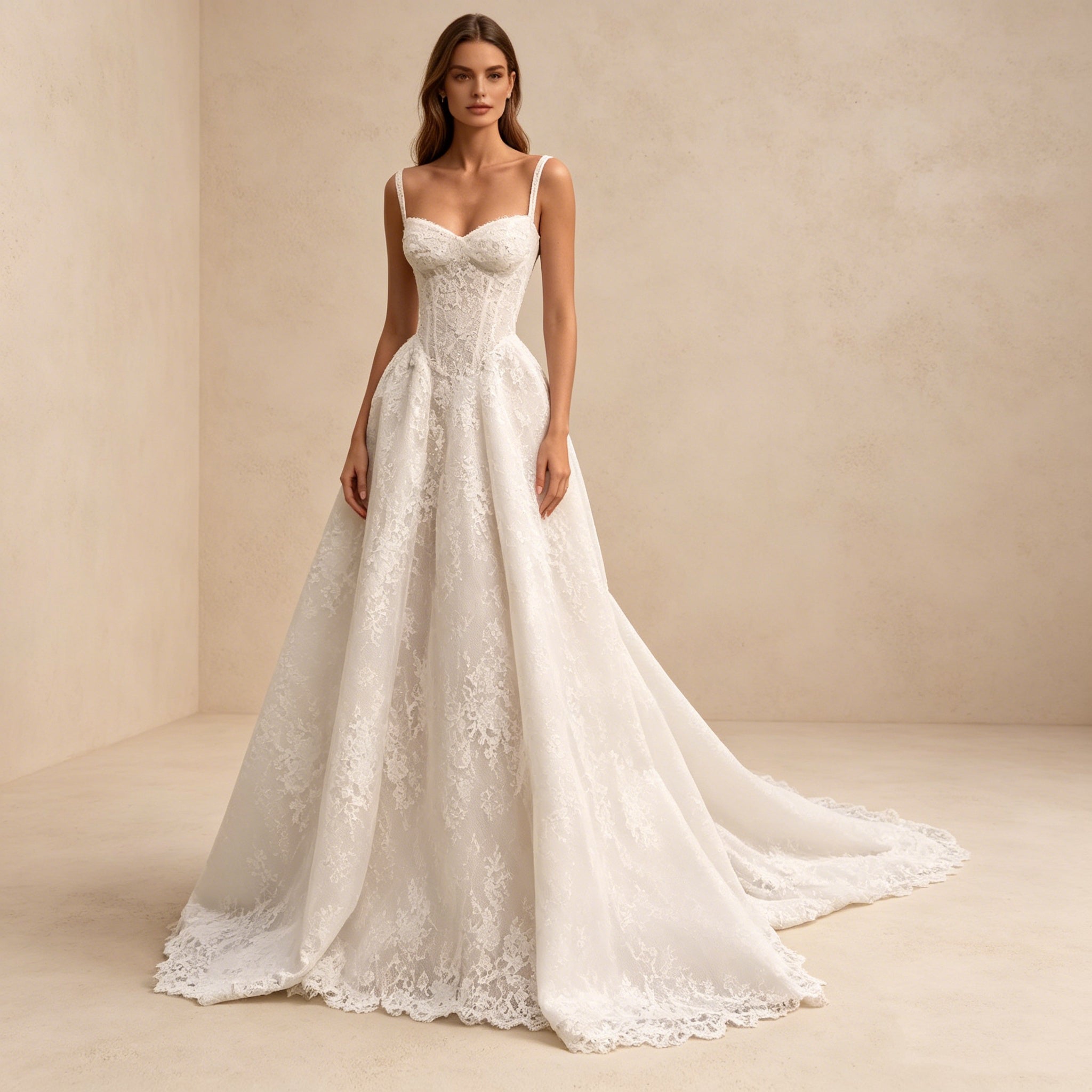 Abendkleid in Weiß mit Spaghettiträgern und Allover-Spitze