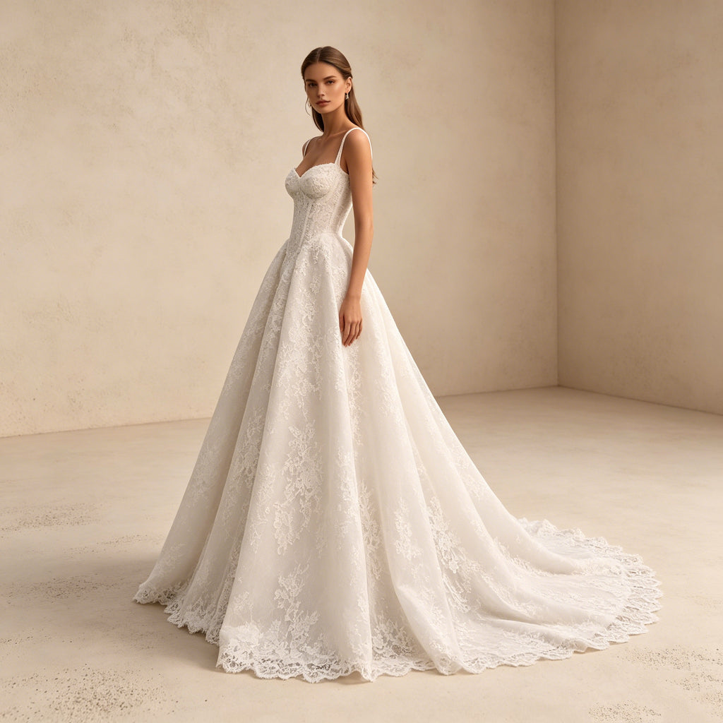 Abendkleid in Weiß mit Spaghettiträgern und Allover-Spitze