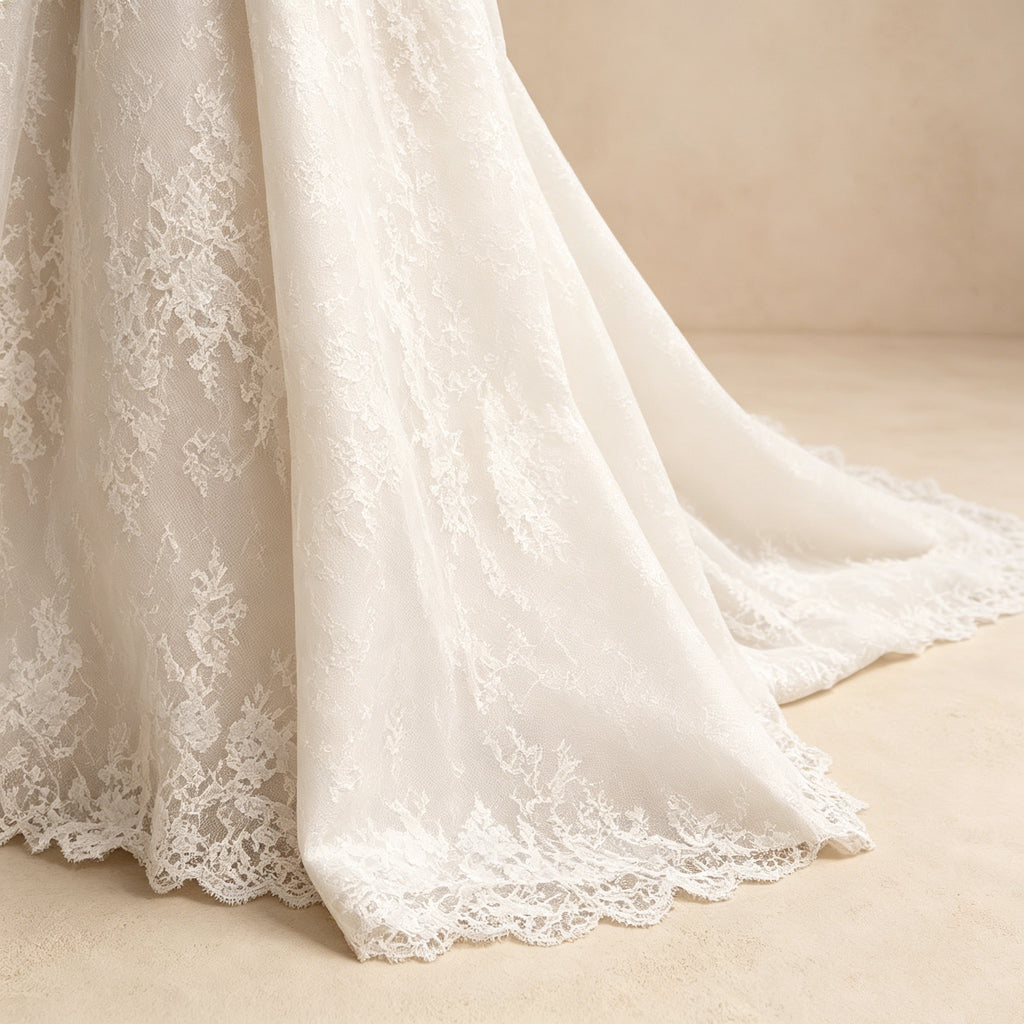 Abendkleid in Weiß mit Spaghettiträgern und Allover-Spitze