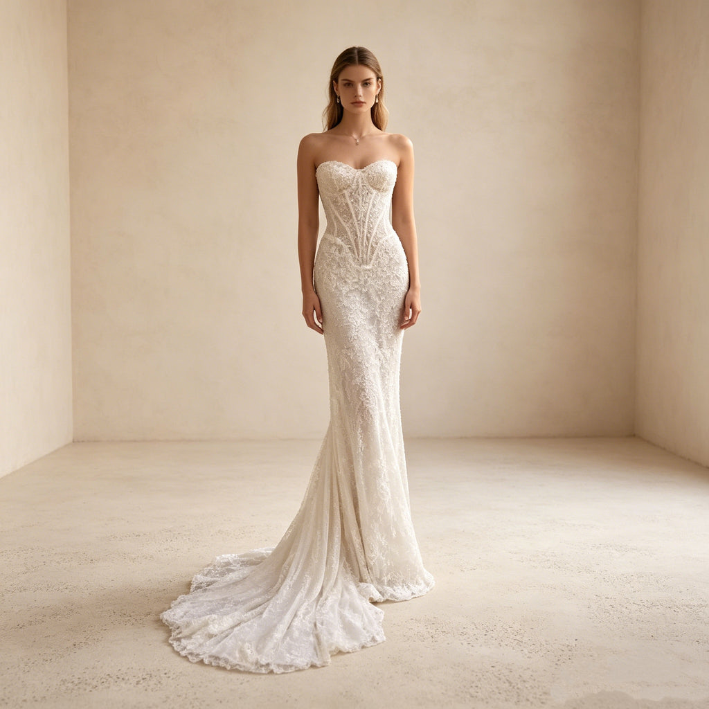 Abendkleid in Weiß mit trägerlosem Korsett-Oberteil und Spitze