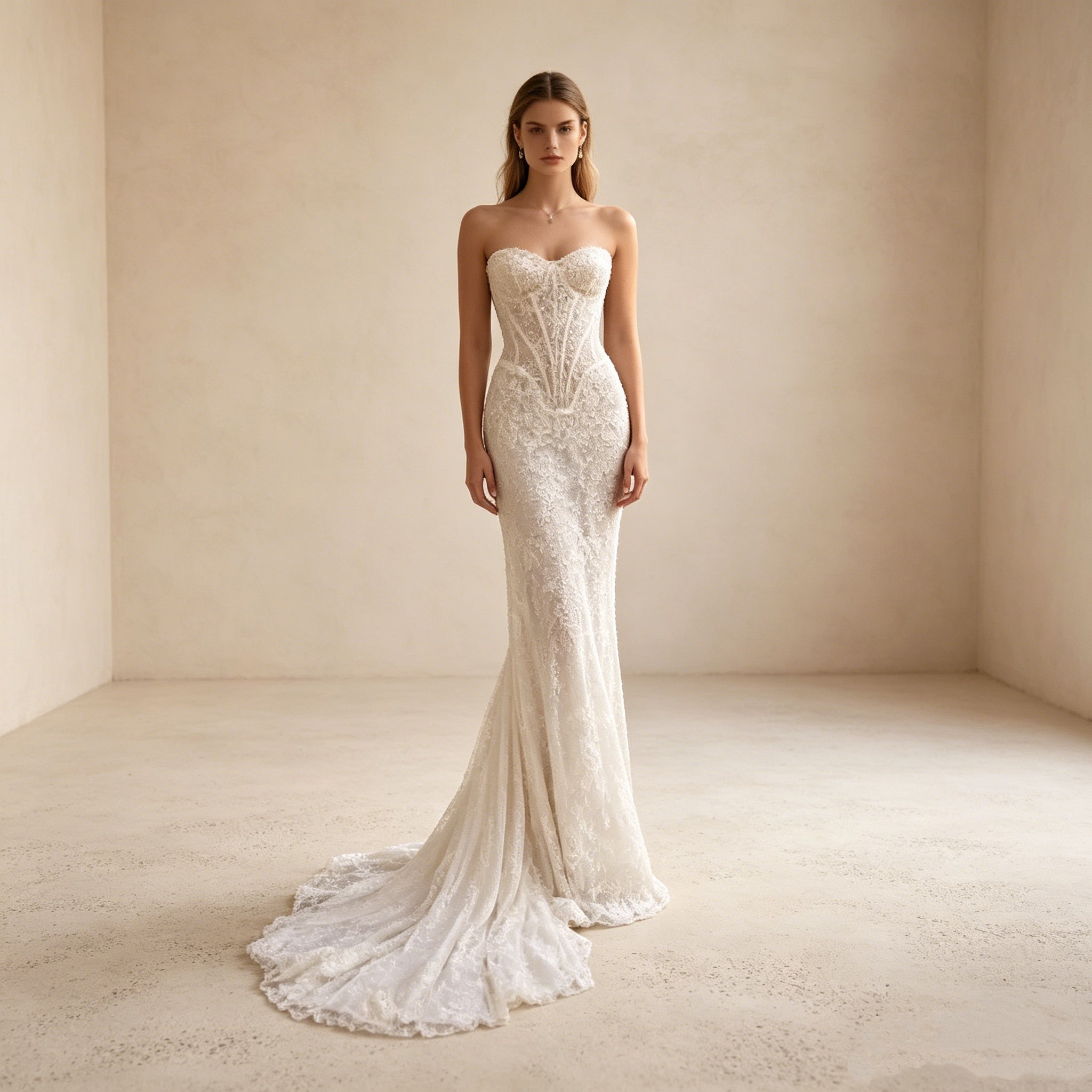 Abendkleid in Weiß mit trägerlosem Korsett-Oberteil und Spitze
