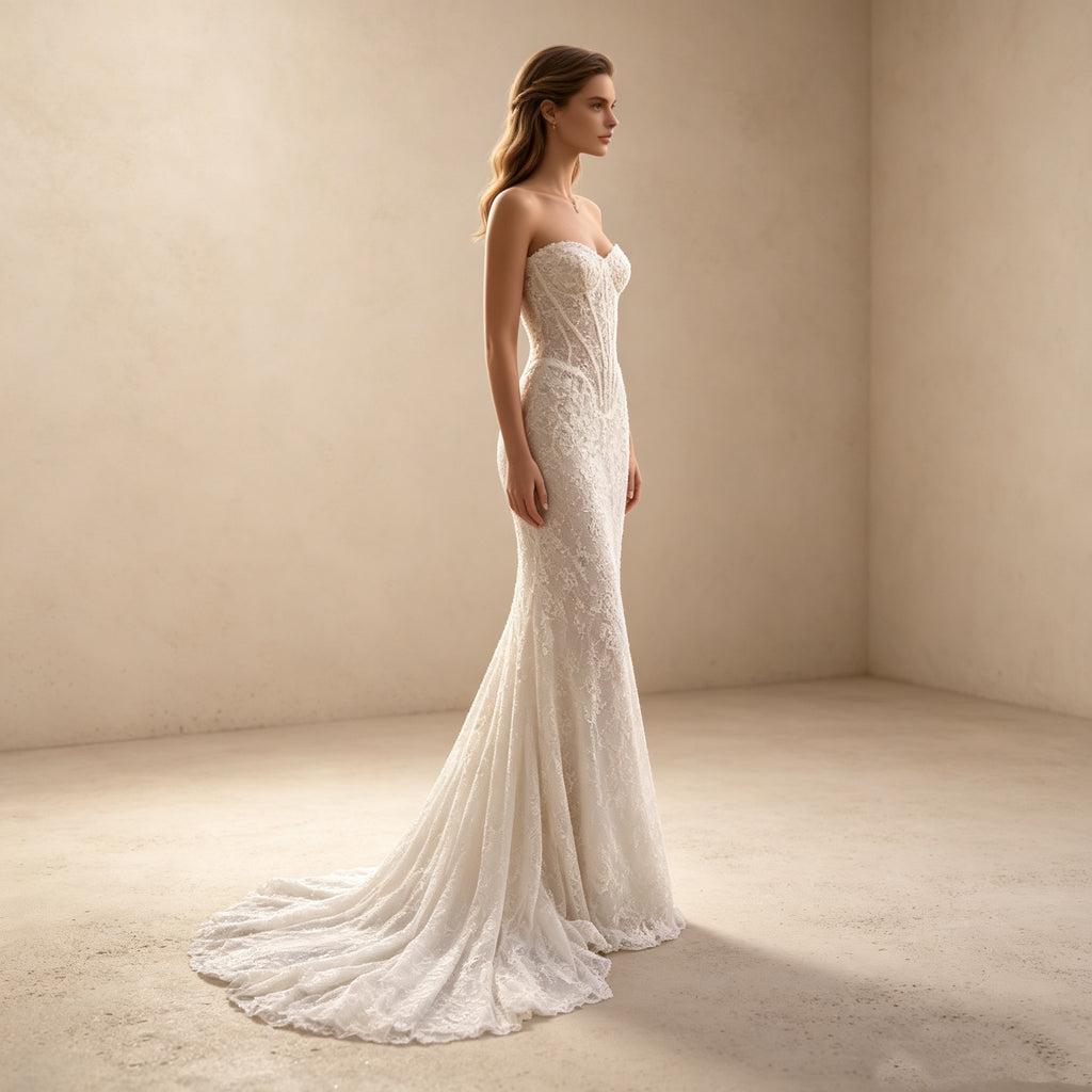 Abendkleid in Weiß mit trägerlosem Korsett-Oberteil und Spitze