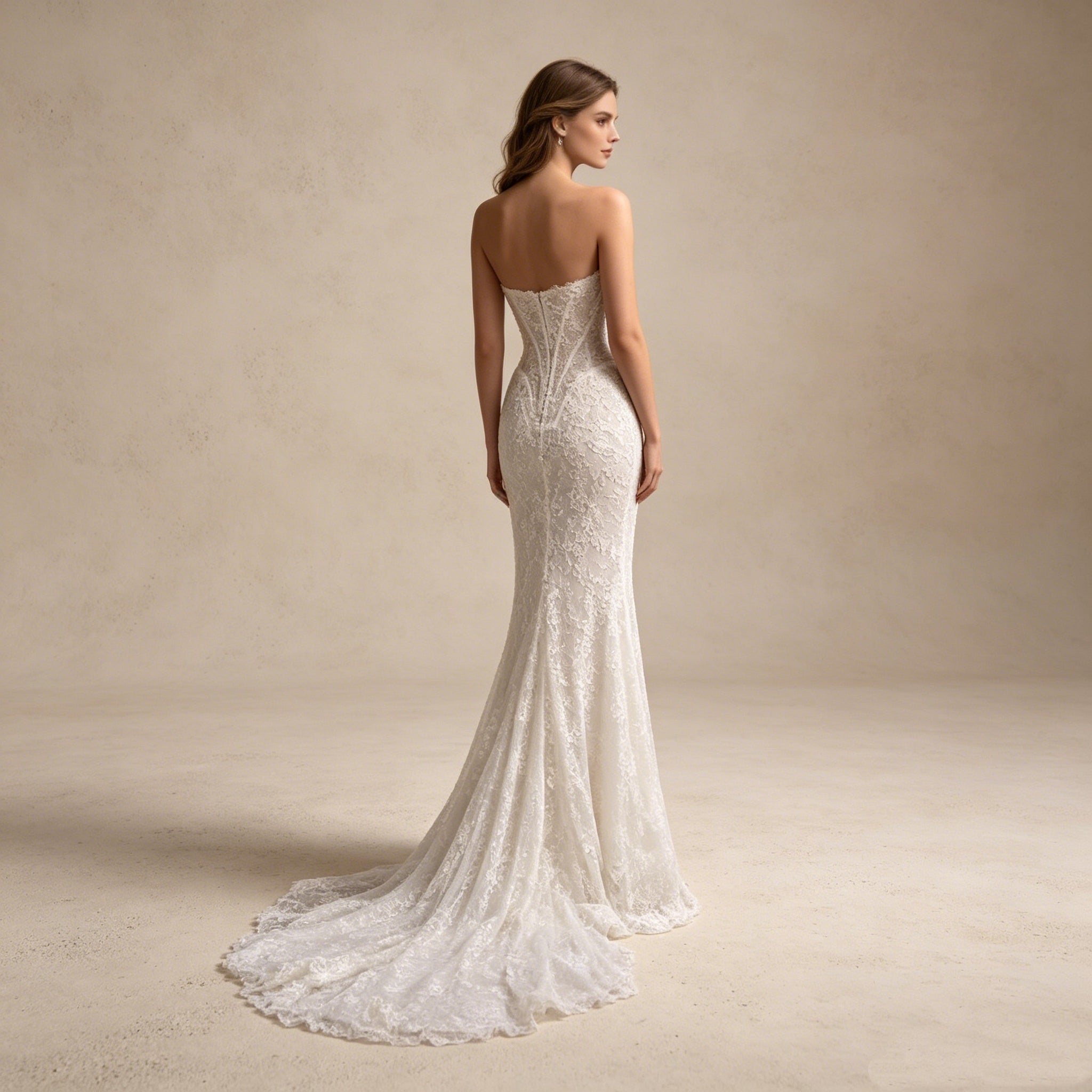 Abendkleid in Weiß mit trägerlosem Korsett-Oberteil und Spitze