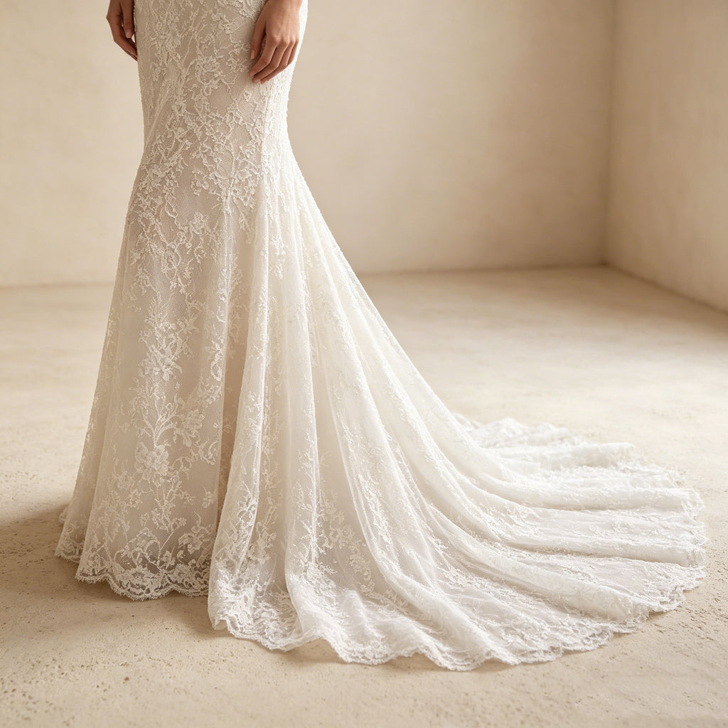 Abendkleid in Weiß mit trägerlosem Korsett-Oberteil und Spitze
