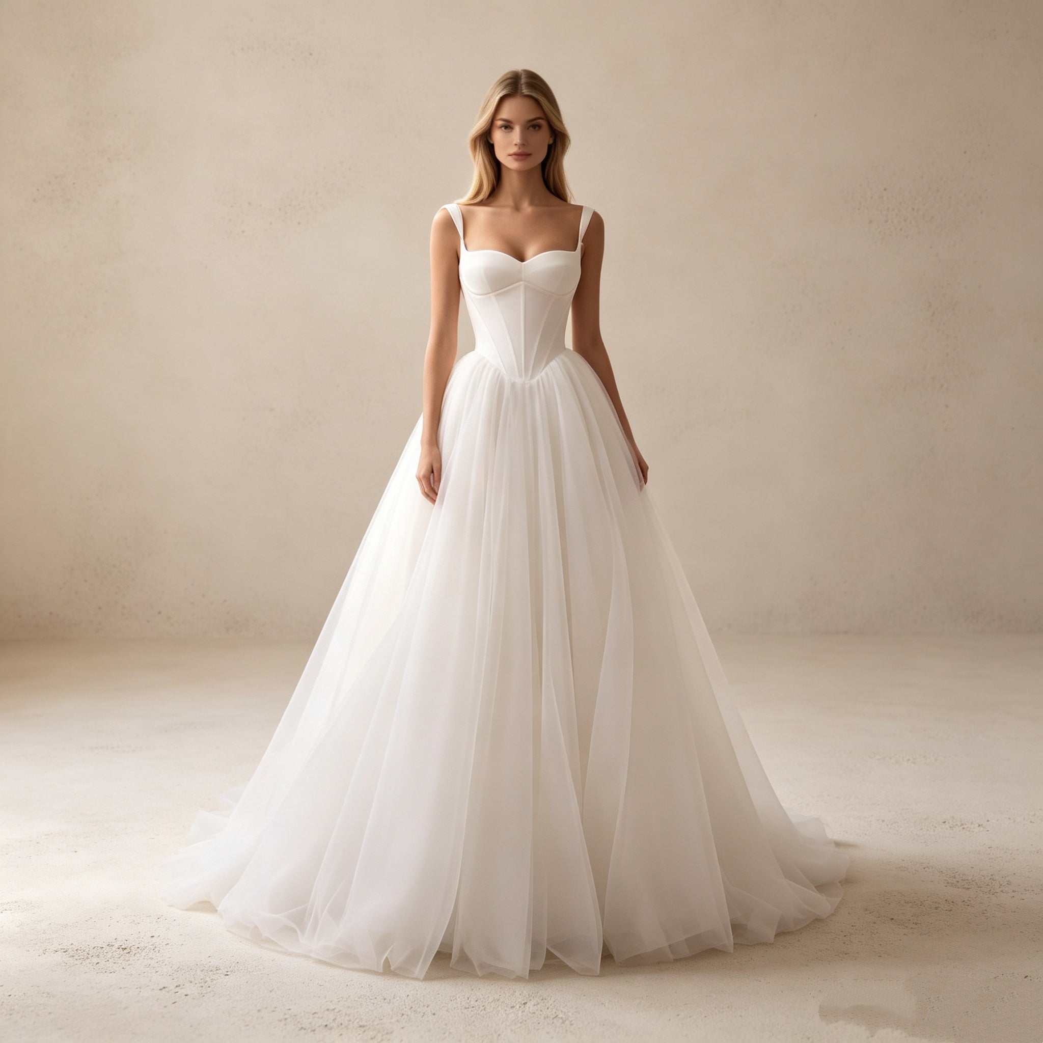 Abendkleid in Weiß mit Spaghettiträgern und mehrlagigem Tüllrock