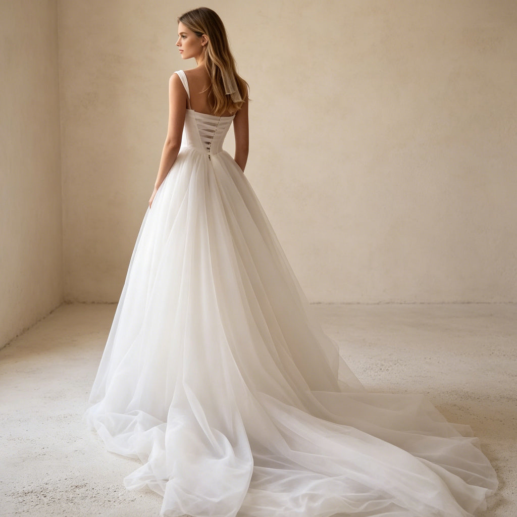 Abendkleid in Weiß mit Spaghettiträgern und mehrlagigem Tüllrock