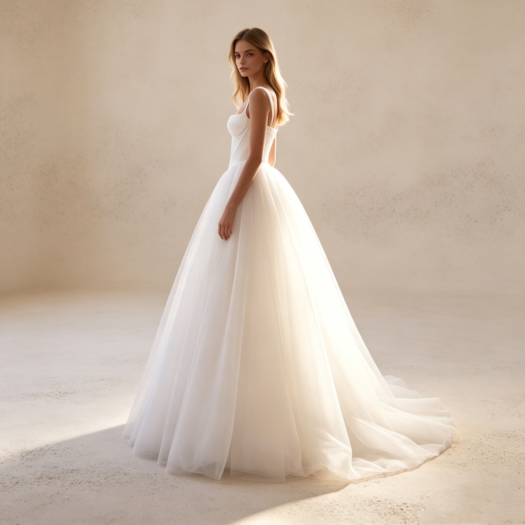 Abendkleid in Weiß mit Spaghettiträgern und mehrlagigem Tüllrock