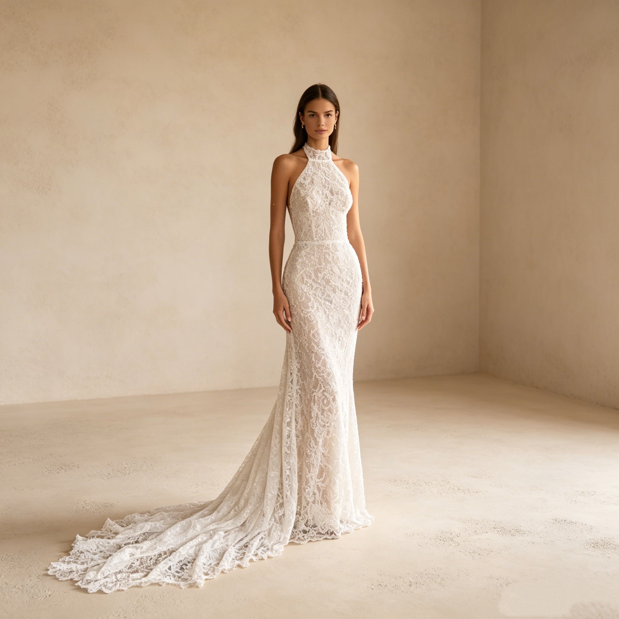 Abendkleid in Weiß mit Neckholder-Ausschnitt und Allover-Spitze