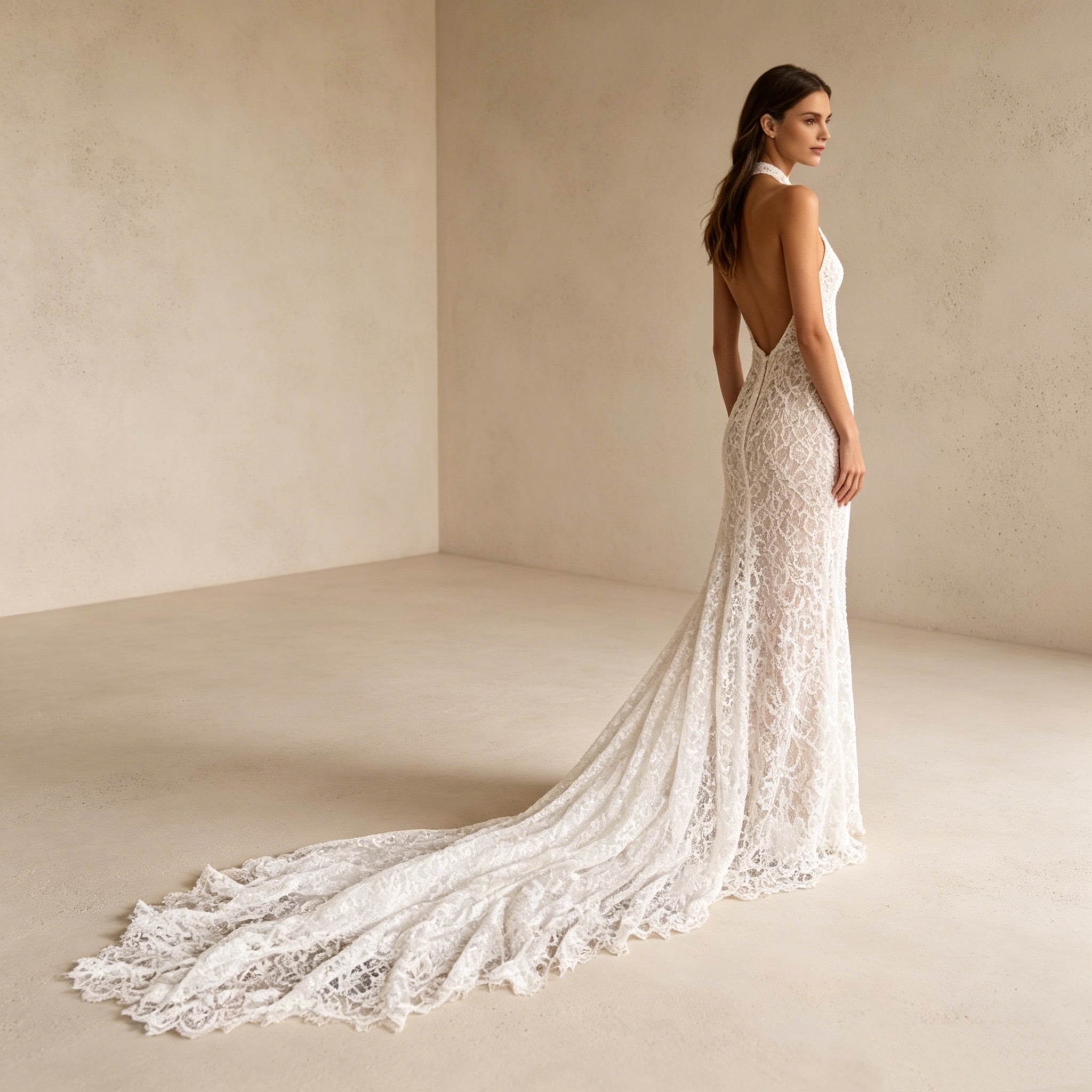 Abendkleid in Weiß mit Neckholder-Ausschnitt und Allover-Spitze