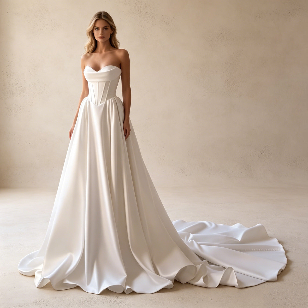 Abendkleid in Weiß mit trägerlosem Korsett-Oberteil und Schleppe