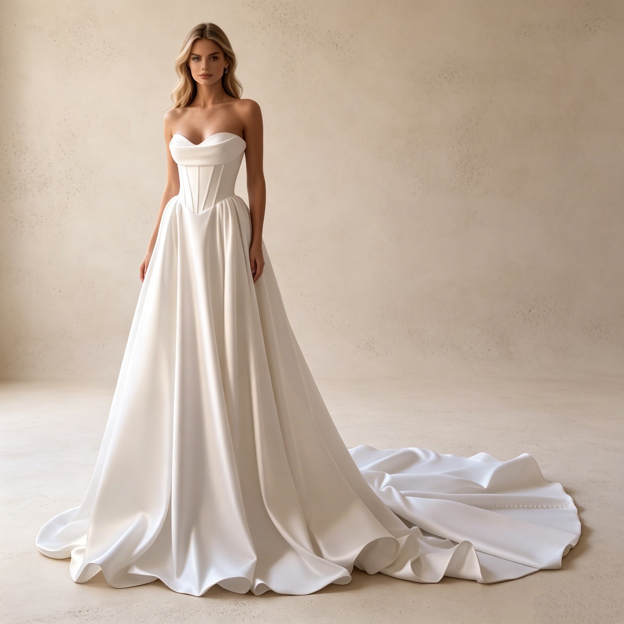 Abendkleid in Weiß mit trägerlosem Korsett-Oberteil und Schleppe