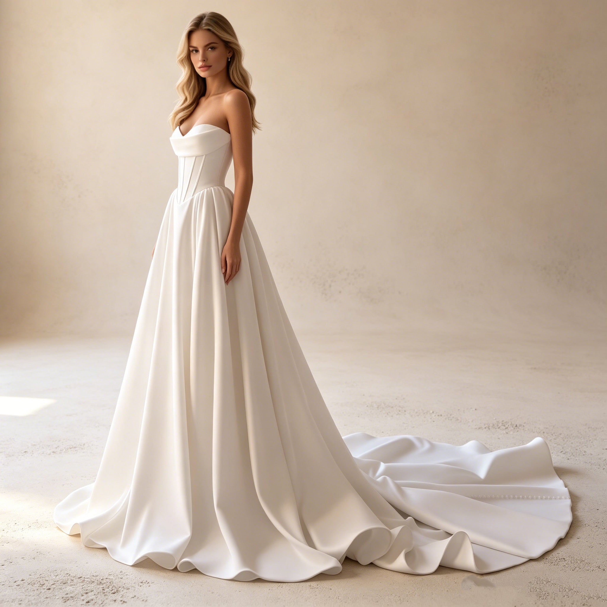 Abendkleid in Weiß mit trägerlosem Korsett-Oberteil und Schleppe