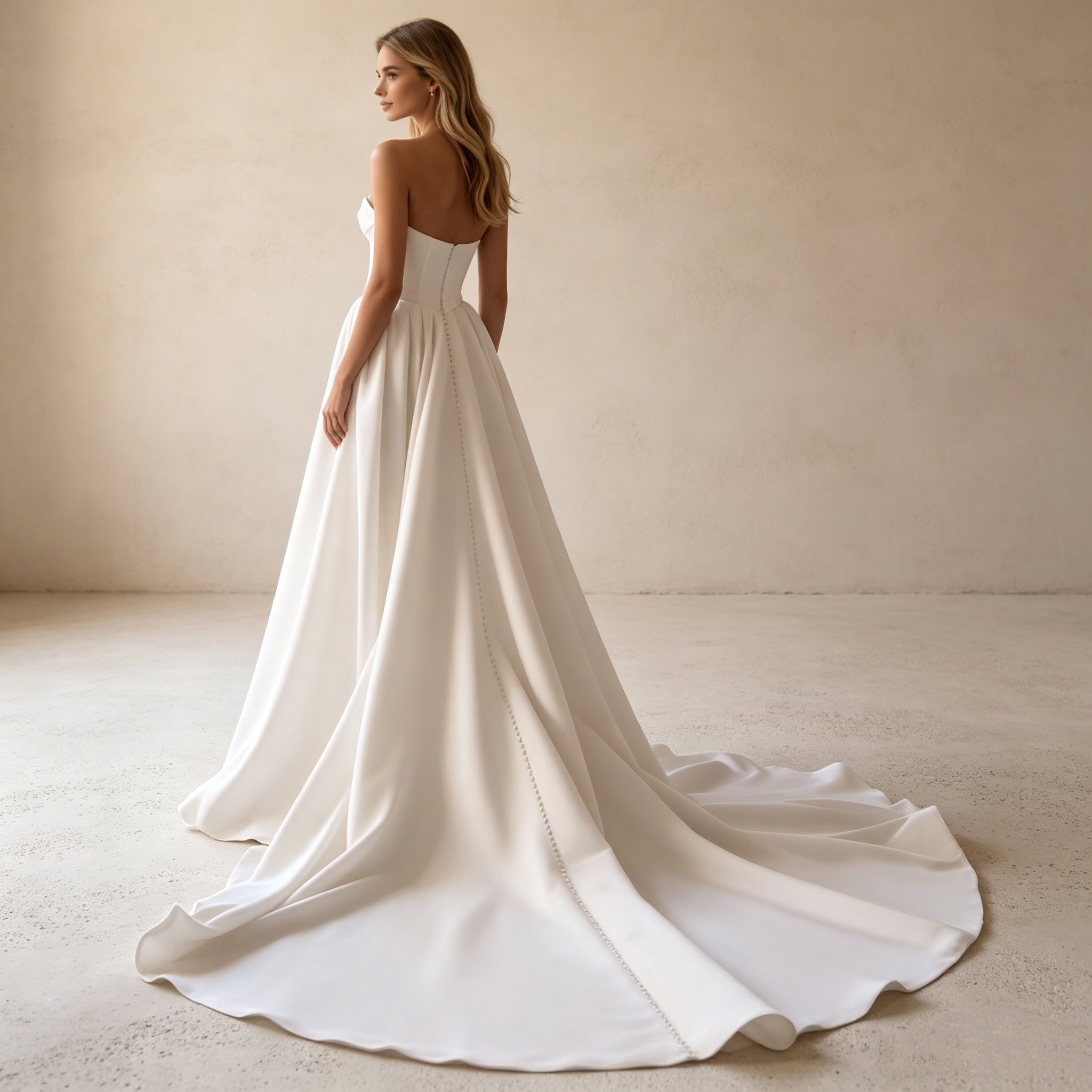 Abendkleid in Weiß mit trägerlosem Korsett-Oberteil und Schleppe