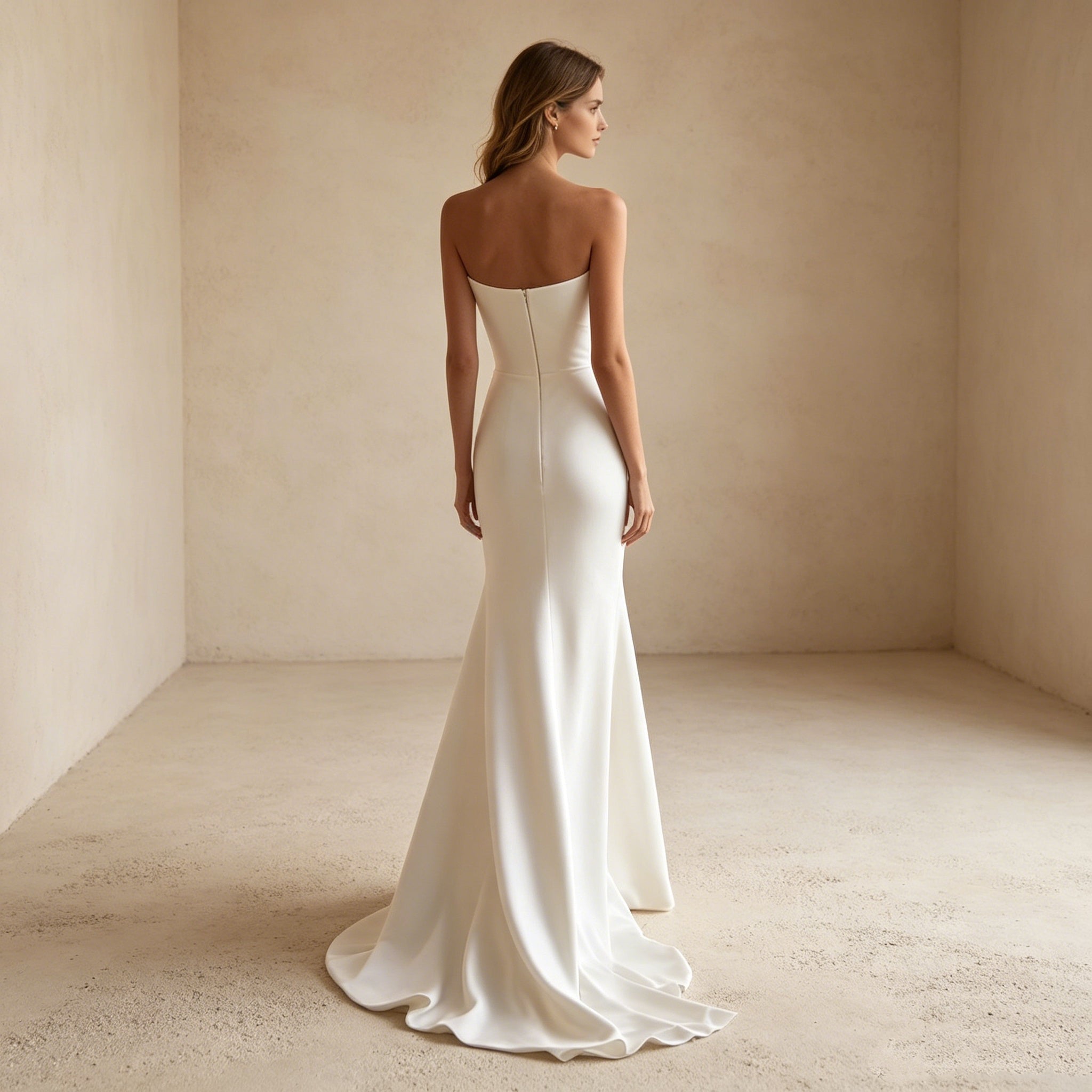 Abendkleid in Weiß mit trägerlosem Ausschnitt und hohem Beinschlitz