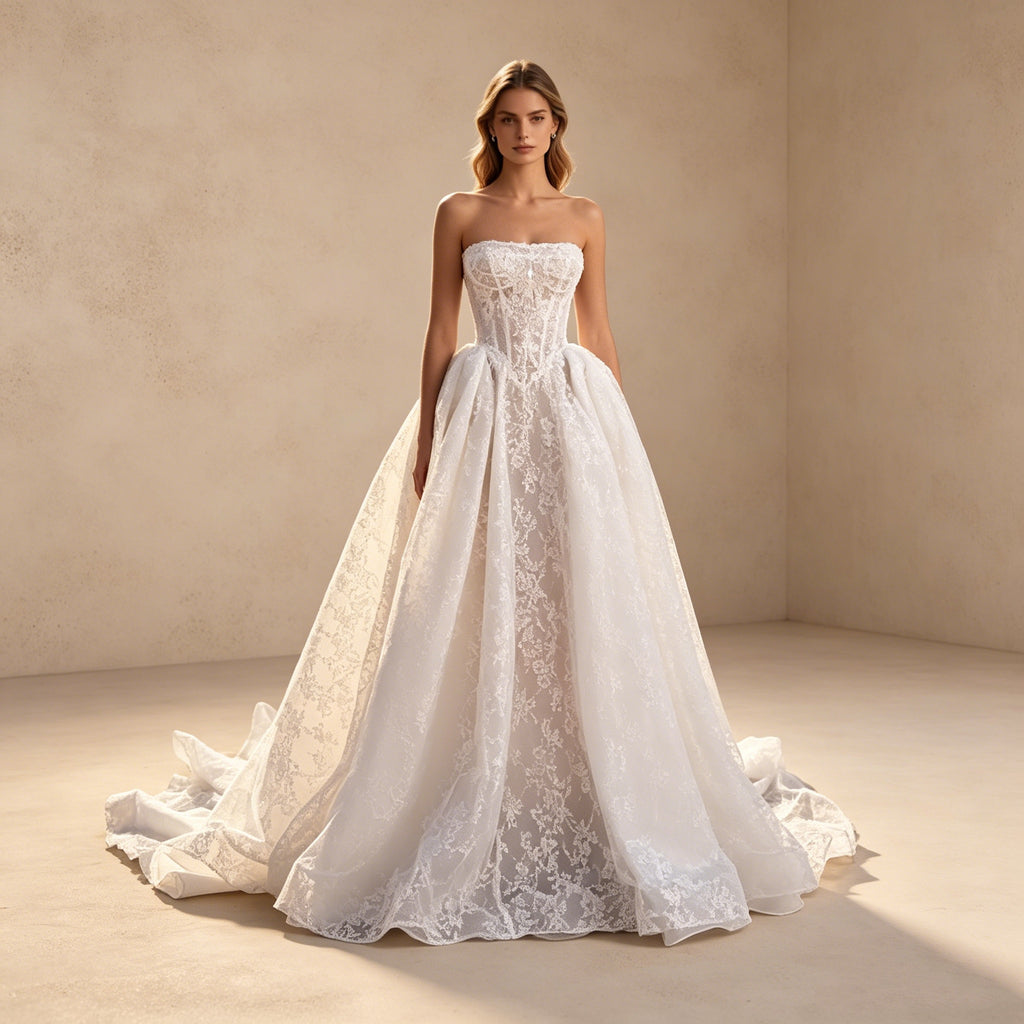 Abendkleid in Weiß mit trägerlosem Korsett-Oberteil und Allover-Spitze