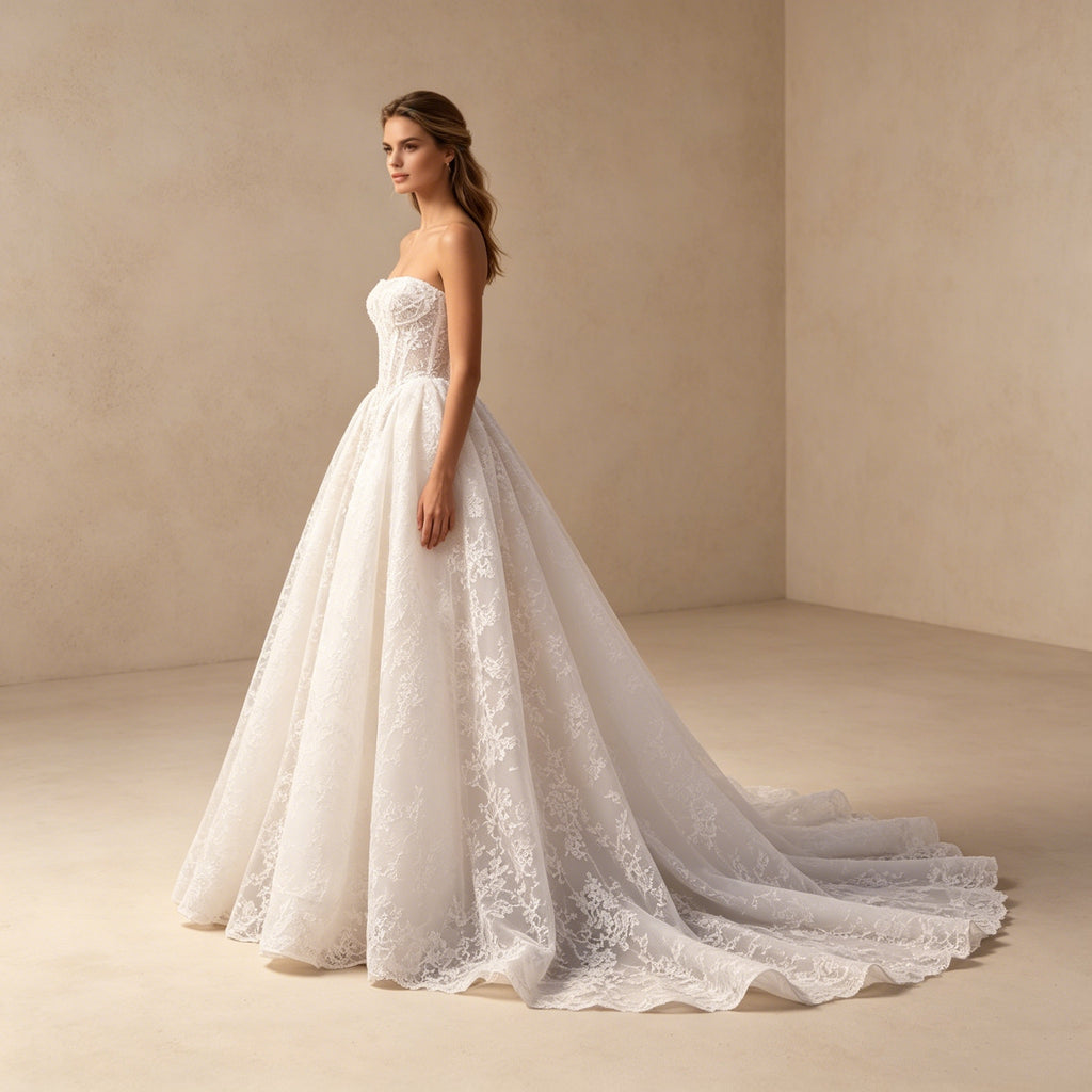 Abendkleid in Weiß mit trägerlosem Korsett-Oberteil und Allover-Spitze