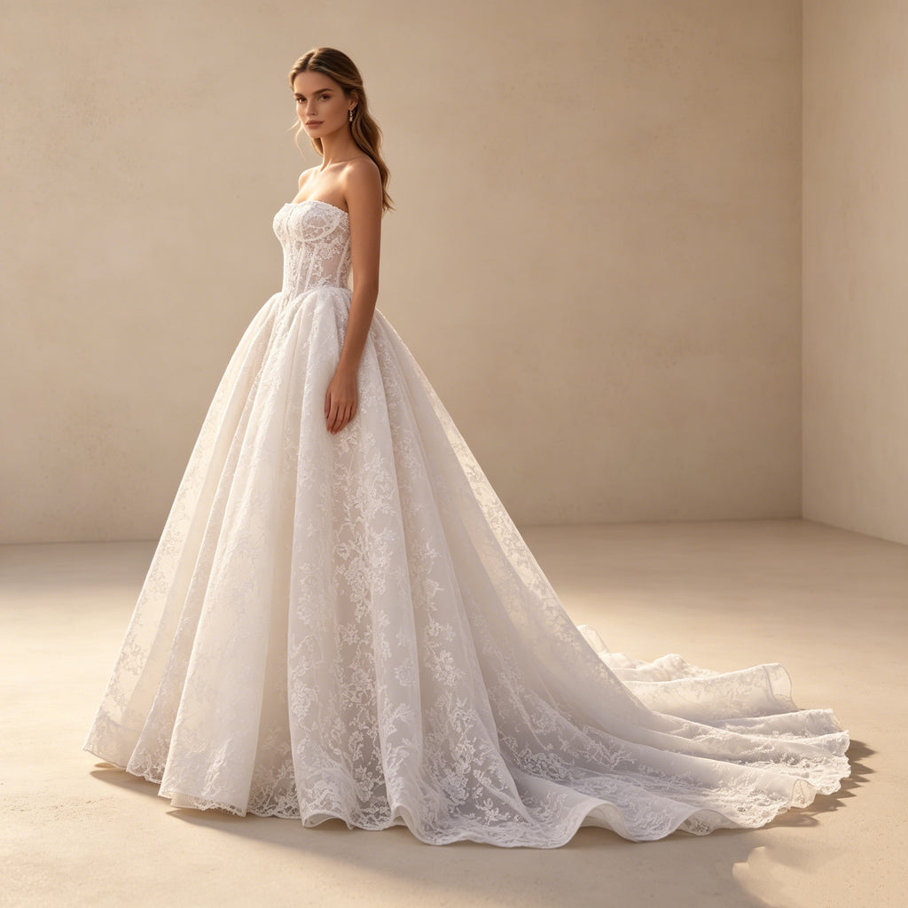 Abendkleid in Weiß mit trägerlosem Korsett-Oberteil und Allover-Spitze