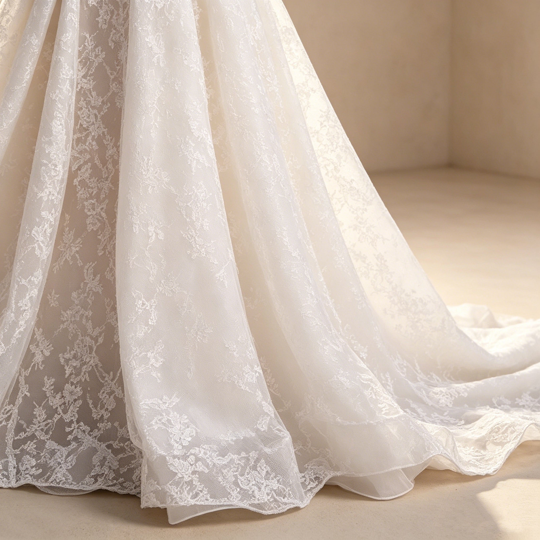 Abendkleid in Weiß mit trägerlosem Korsett-Oberteil und Allover-Spitze