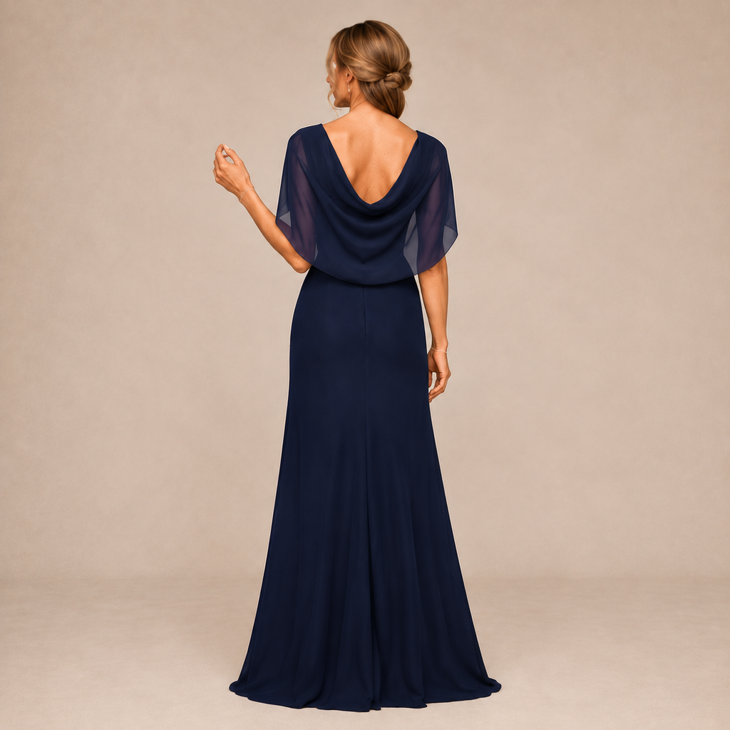 Elegantes langes Abendkleid mit V-Ausschnitt und Chiffon-Angelsärm, schlanker Schnitt mit Beinschlitz