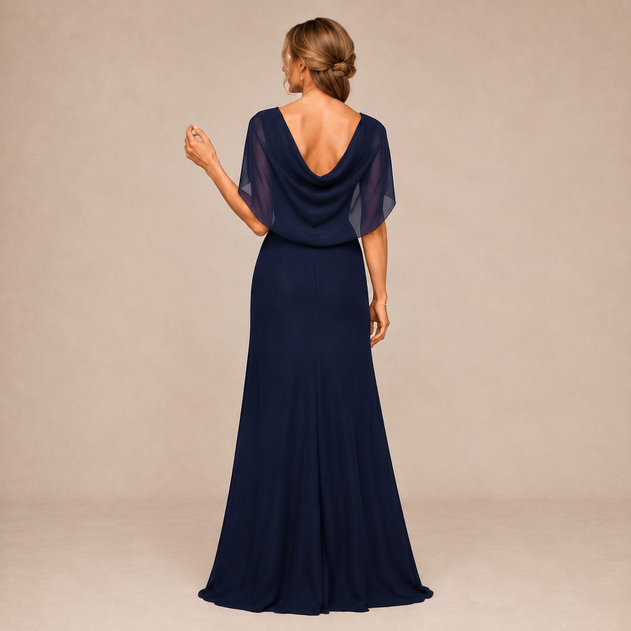 Elegantes langes Abendkleid mit V-Ausschnitt und Chiffon-Angelsärm, schlanker Schnitt mit Beinschlitz