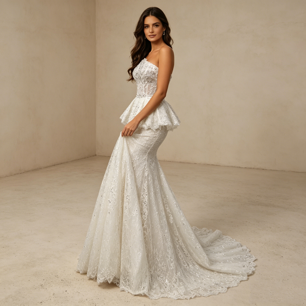 Glamouröser Auftritt: Figurbetontes Meerjungfrau-Kleid in Reinweiß mit edler Spitze und luxuriösem Schimmer