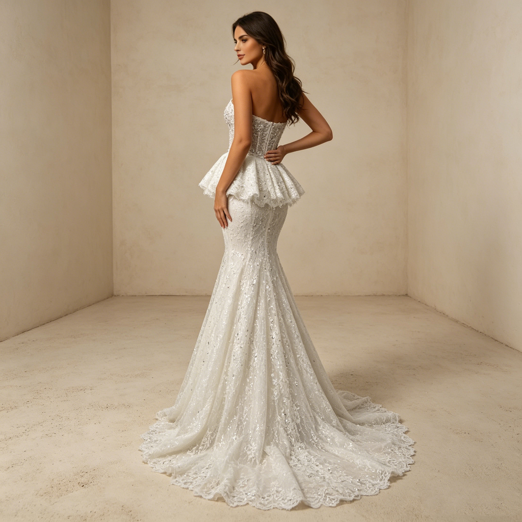 Glamouröser Auftritt: Figurbetontes Meerjungfrau-Kleid in Reinweiß mit edler Spitze und luxuriösem Schimmer