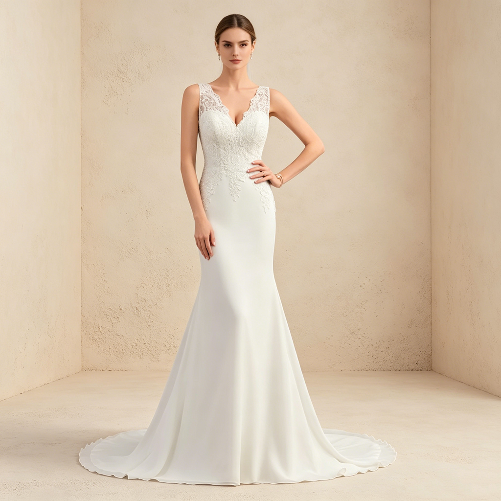 Exklusives weißes Abendkleid mit floraler Spitze im Meerjungfrau-Stil, elegantes bodenlanges Maxikleid mit V-Ausschnitt