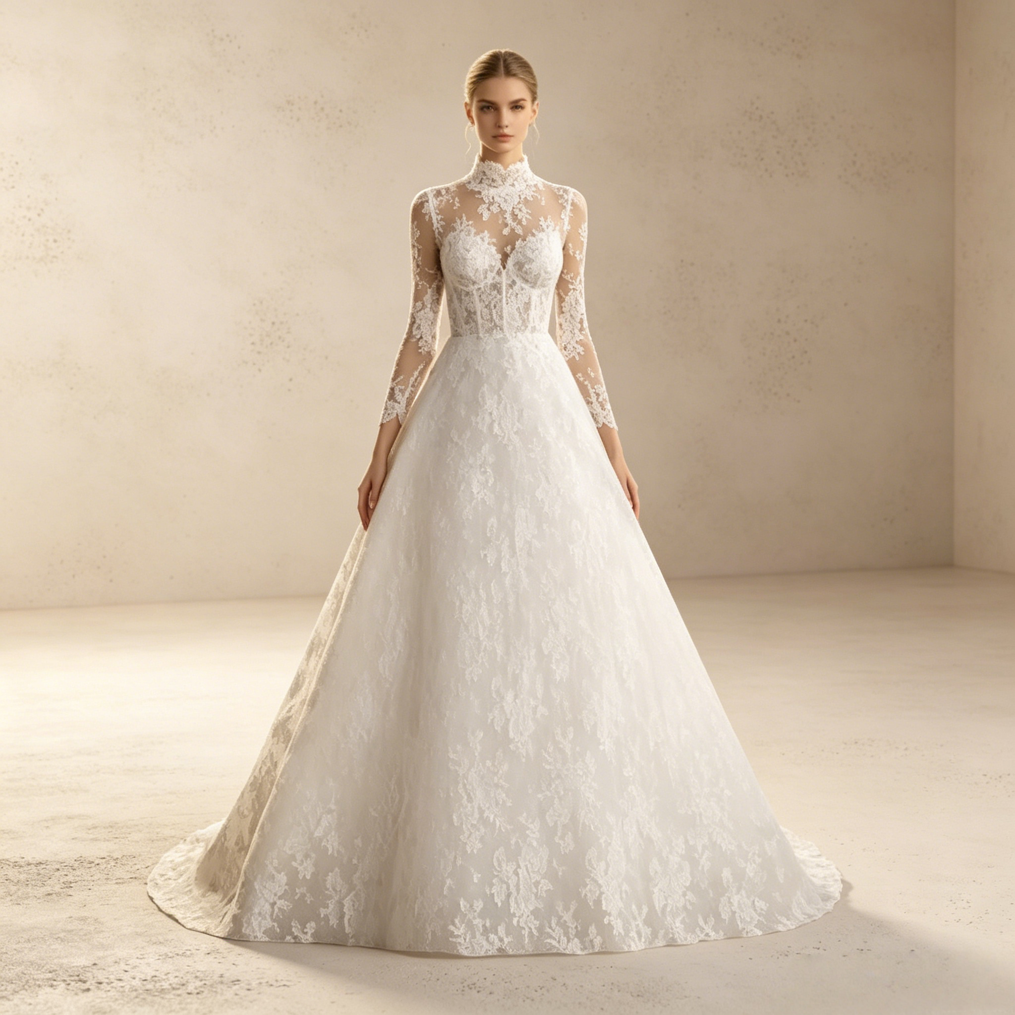 Elegantes Abendkleid mit Stehkragen, langen Spitzenärmeln und Spitzen-Applikationen – Weiß