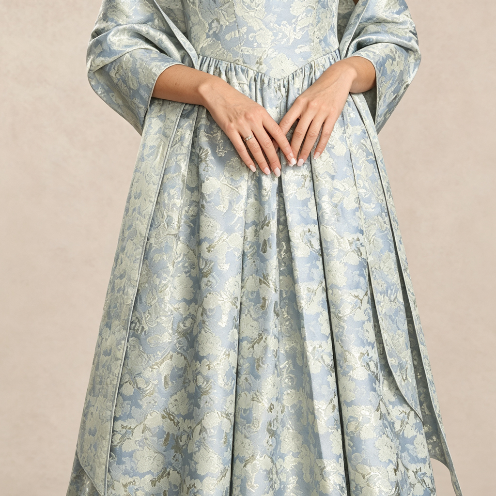 Hellblauer Brokat Midikleid mit Stoffumhang, gerafftem Kragen, tailliertem Schnitt für formelle Abendanlässe