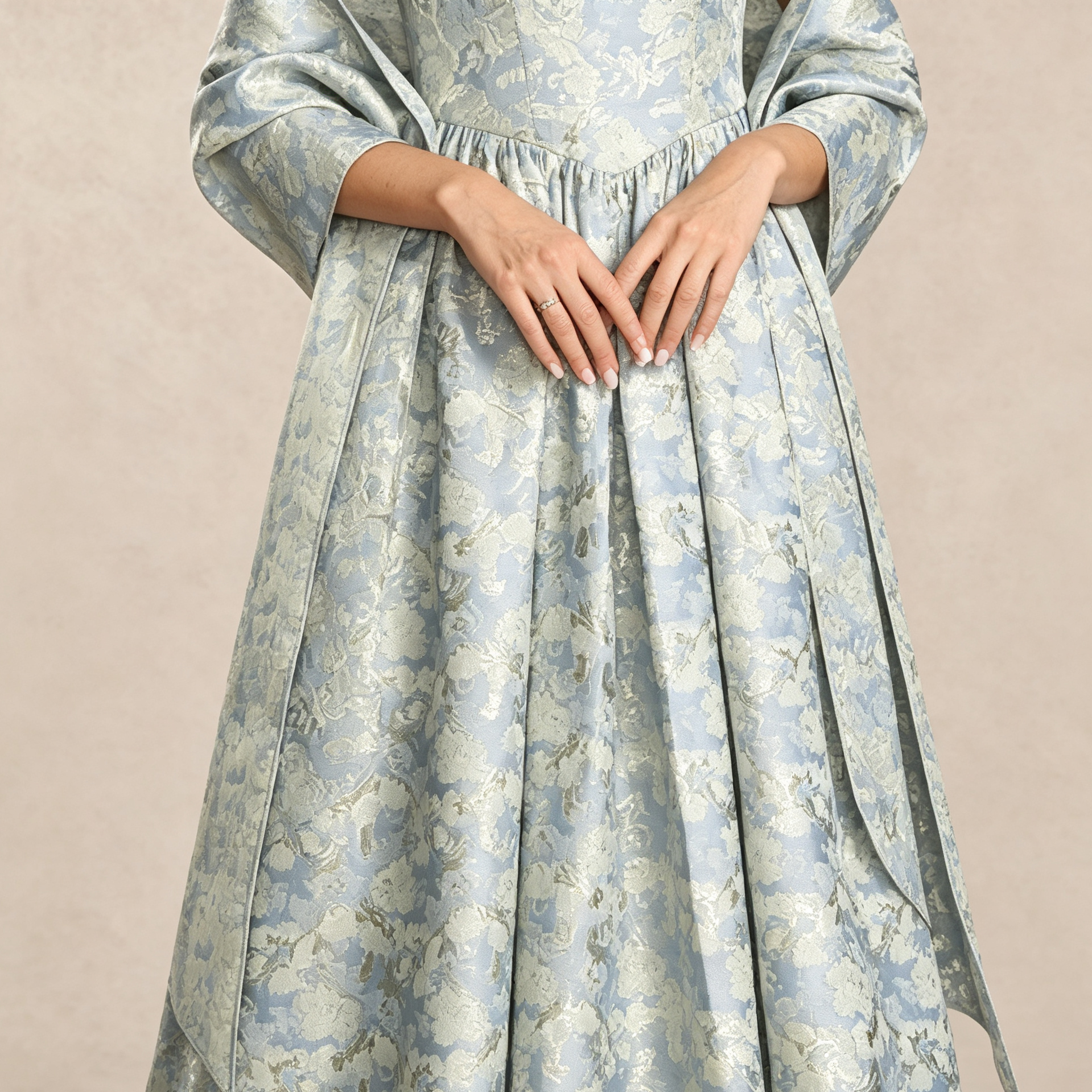 Hellblauer Brokat Midikleid mit Stoffumhang, gerafftem Kragen, tailliertem Schnitt für formelle Abendanlässe