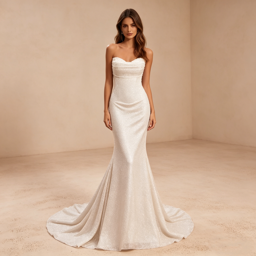 Funkelndes Abendkleid in Elfenbein mit Pailletten, Elegante Meerjungfrau-Galarobe, Trägerloses Maxikleid für Besondere Anlässe