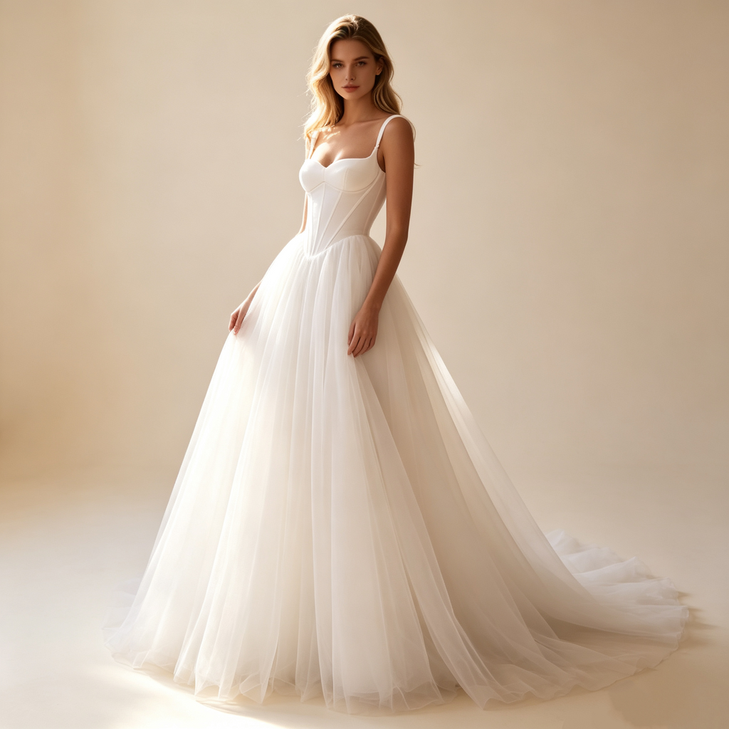 Damen Fest‑Maxikleid A‑Linie mit breiten Trägern, figurformendes Oberteil und langer Schleppe