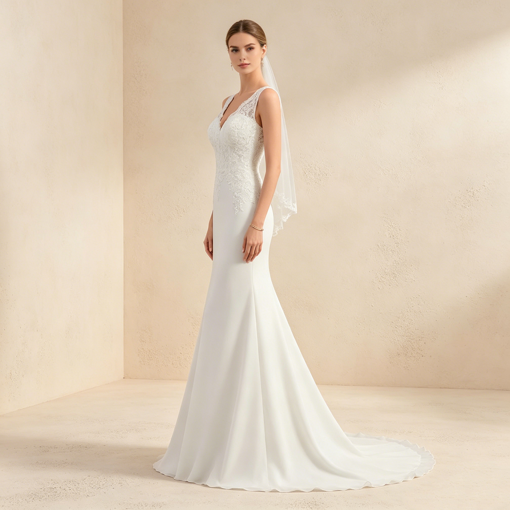 Exklusives weißes Abendkleid mit floraler Spitze im Meerjungfrau-Stil, elegantes bodenlanges Maxikleid mit V-Ausschnitt