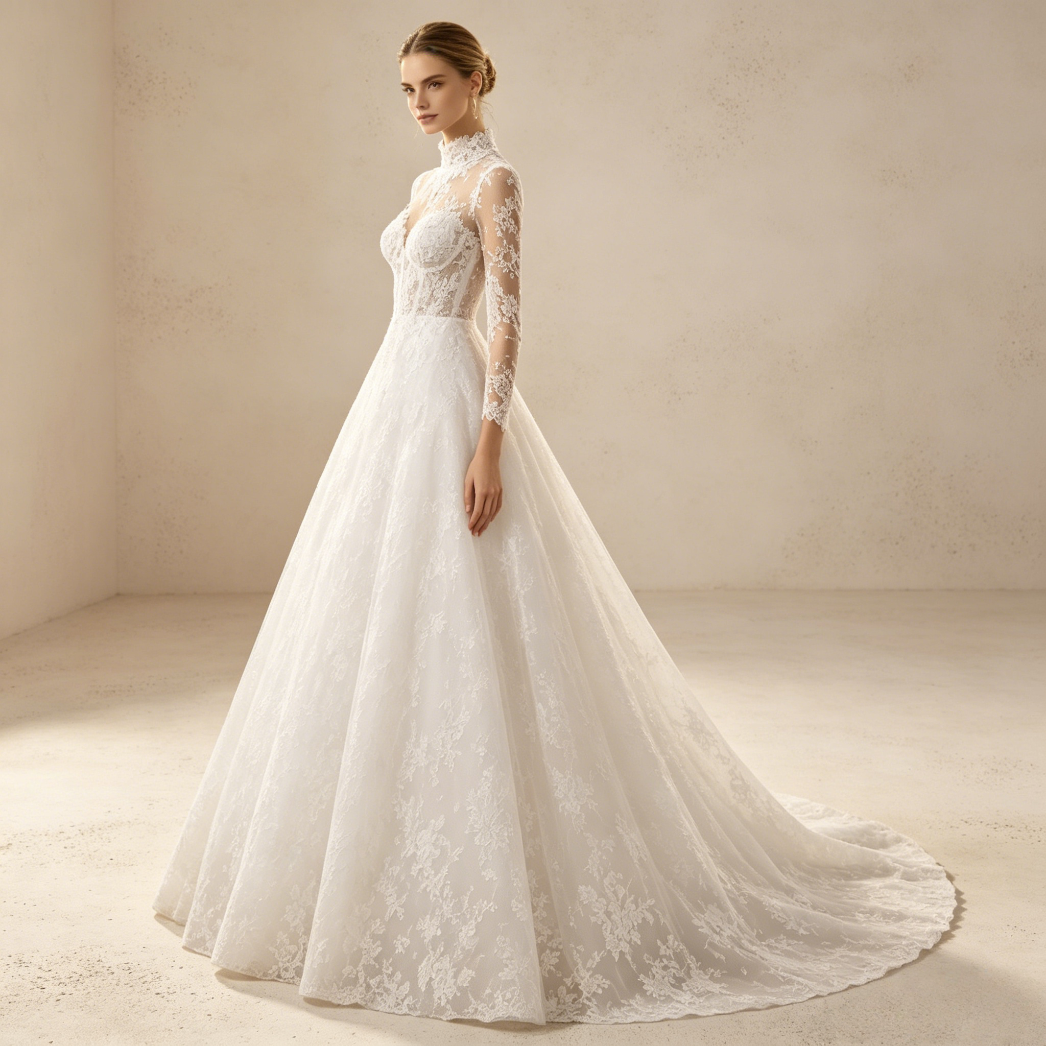 Elegantes Abendkleid mit Stehkragen, langen Spitzenärmeln und Spitzen-Applikationen – Weiß