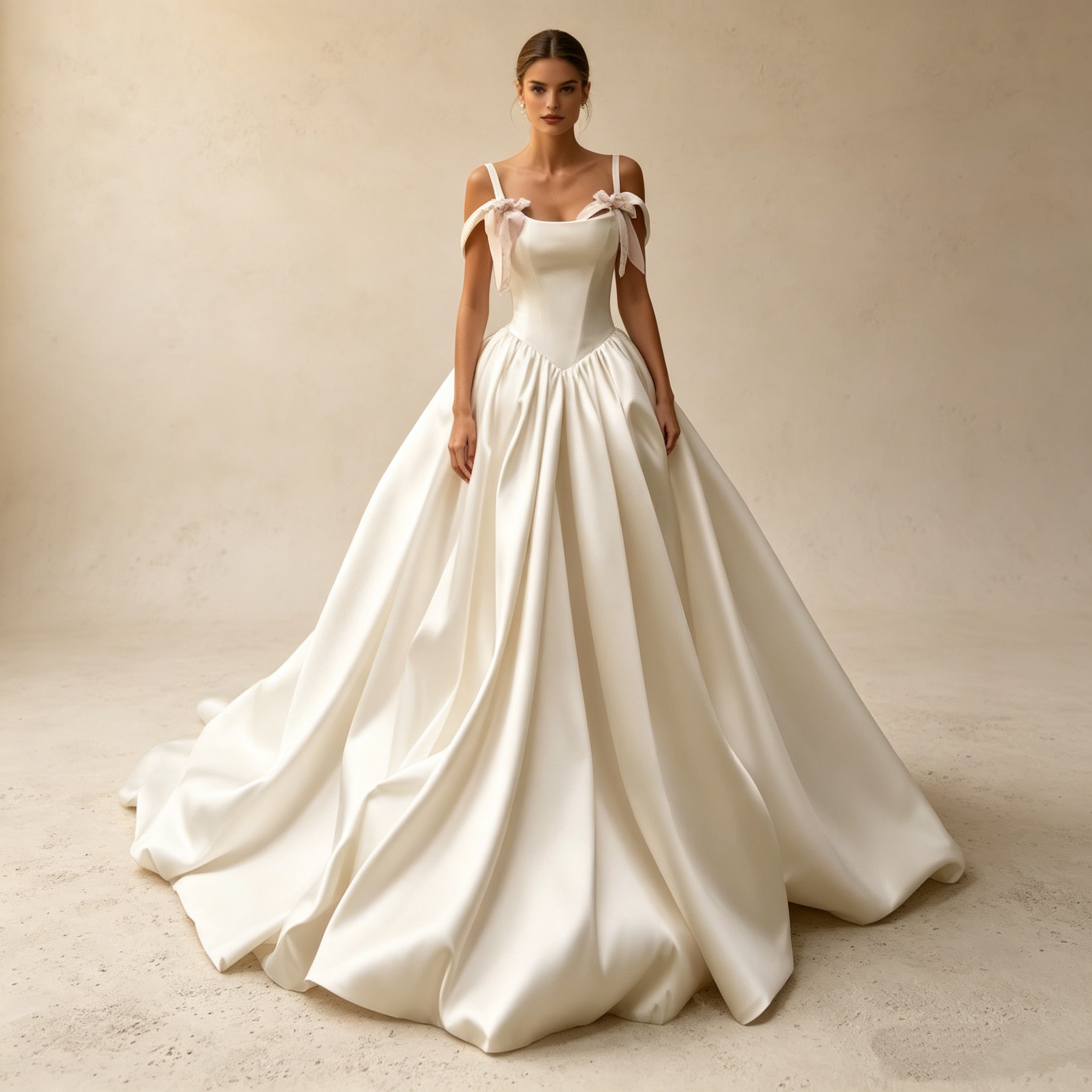 Exklusives A-Linien Satin-Abendkleid in Elfenbein mit Basken-Taille, Schulter-Schleifen und voluminösem Rock – Elegantes Maxi-Ballkleid