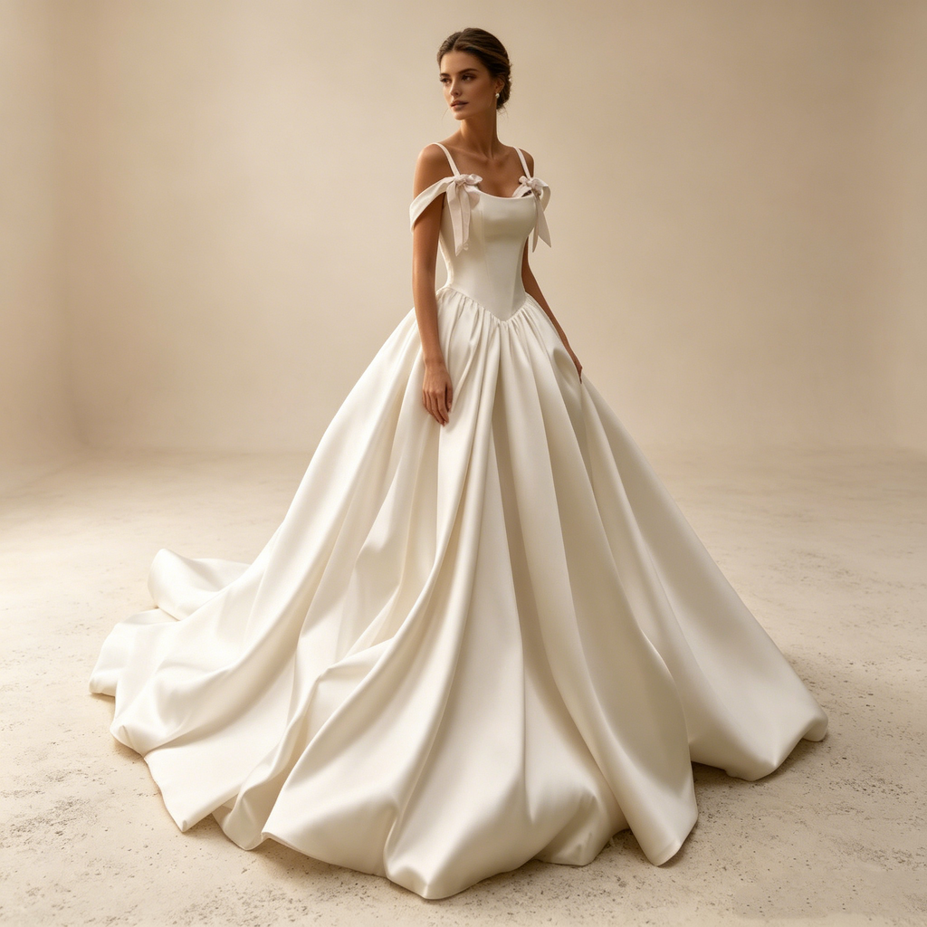 Exklusives A-Linien Satin-Abendkleid in Elfenbein mit Basken-Taille, Schulter-Schleifen und voluminösem Rock – Elegantes Maxi-Ballkleid
