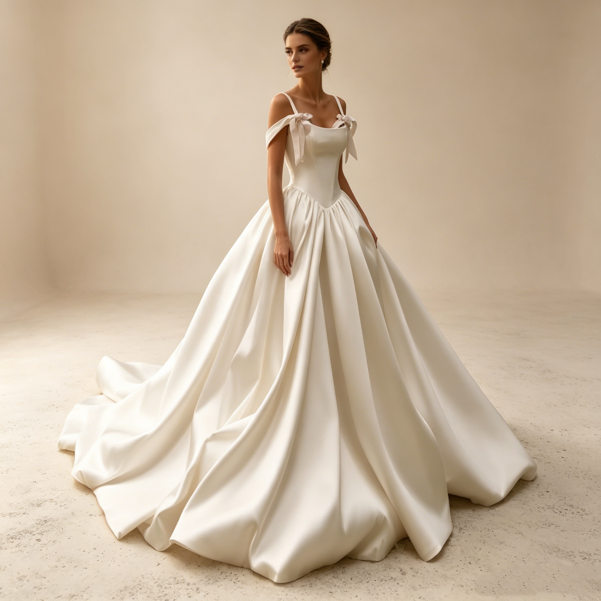 Exklusives A-Linien Satin-Abendkleid in Elfenbein mit Basken-Taille, Schulter-Schleifen und voluminösem Rock – Elegantes Maxi-Ballkleid