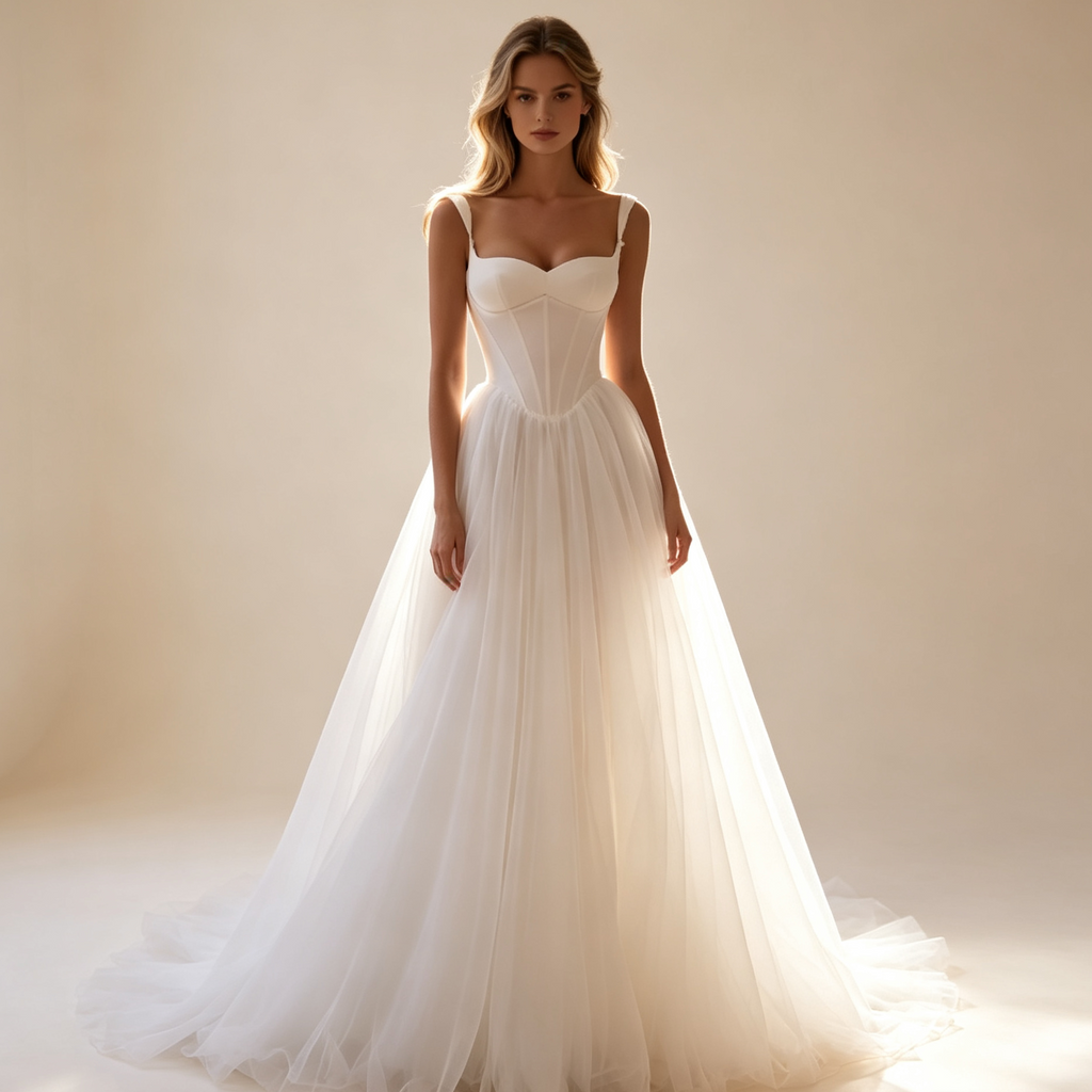 Damen Fest‑Maxikleid A‑Linie mit breiten Trägern, figurformendes Oberteil und langer Schleppe