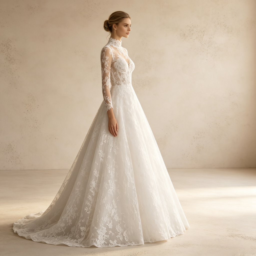 Elegantes Abendkleid mit Stehkragen, langen Spitzenärmeln und Spitzen-Applikationen – Weiß