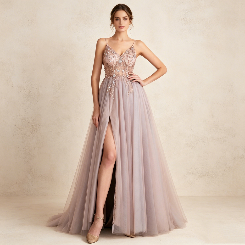 A-Linie Abendkleid mit Beinschlitz Elegantes Prinzessin Ballkleid Tüll Maxikleid - Altrosa