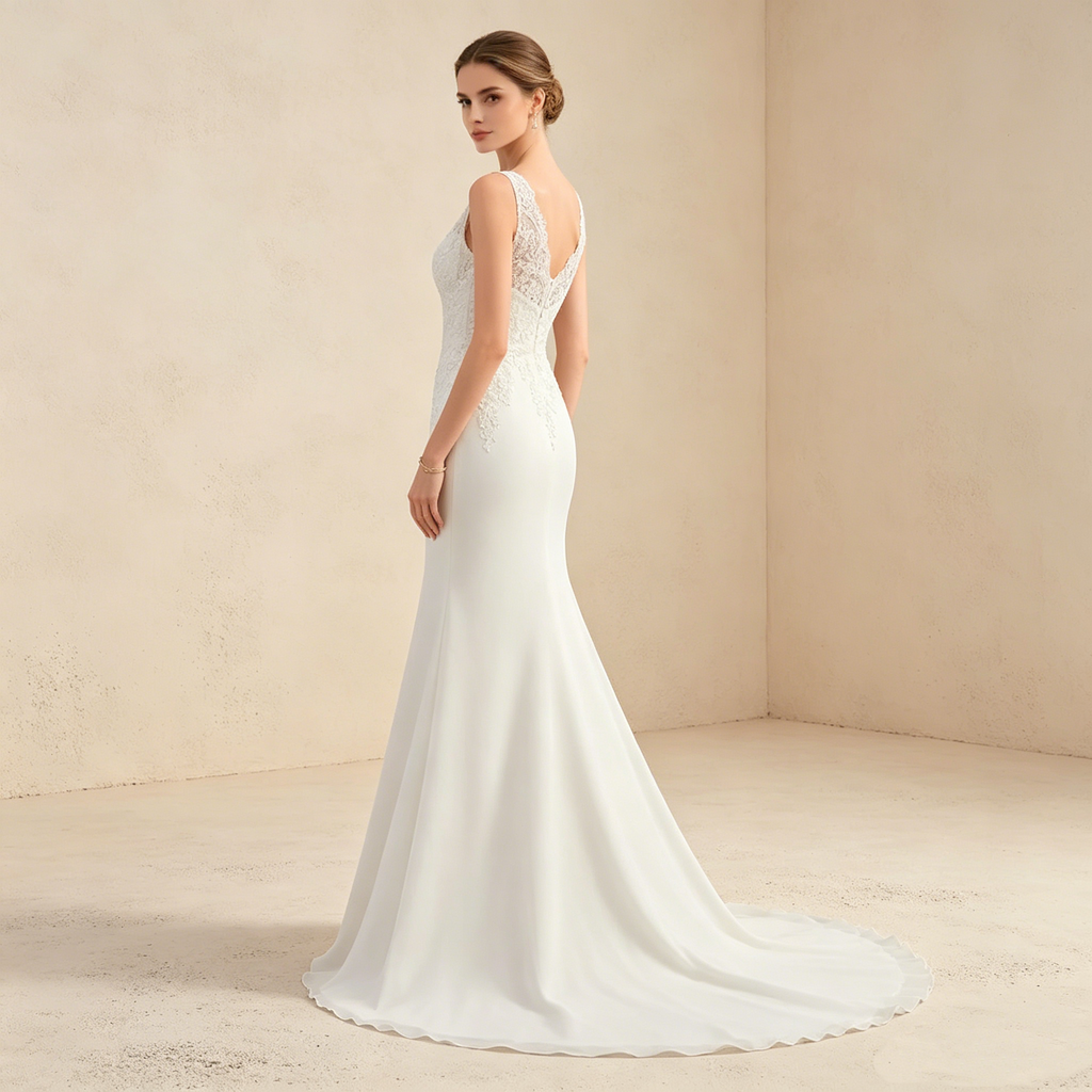Exklusives weißes Abendkleid mit floraler Spitze im Meerjungfrau-Stil, elegantes bodenlanges Maxikleid mit V-Ausschnitt