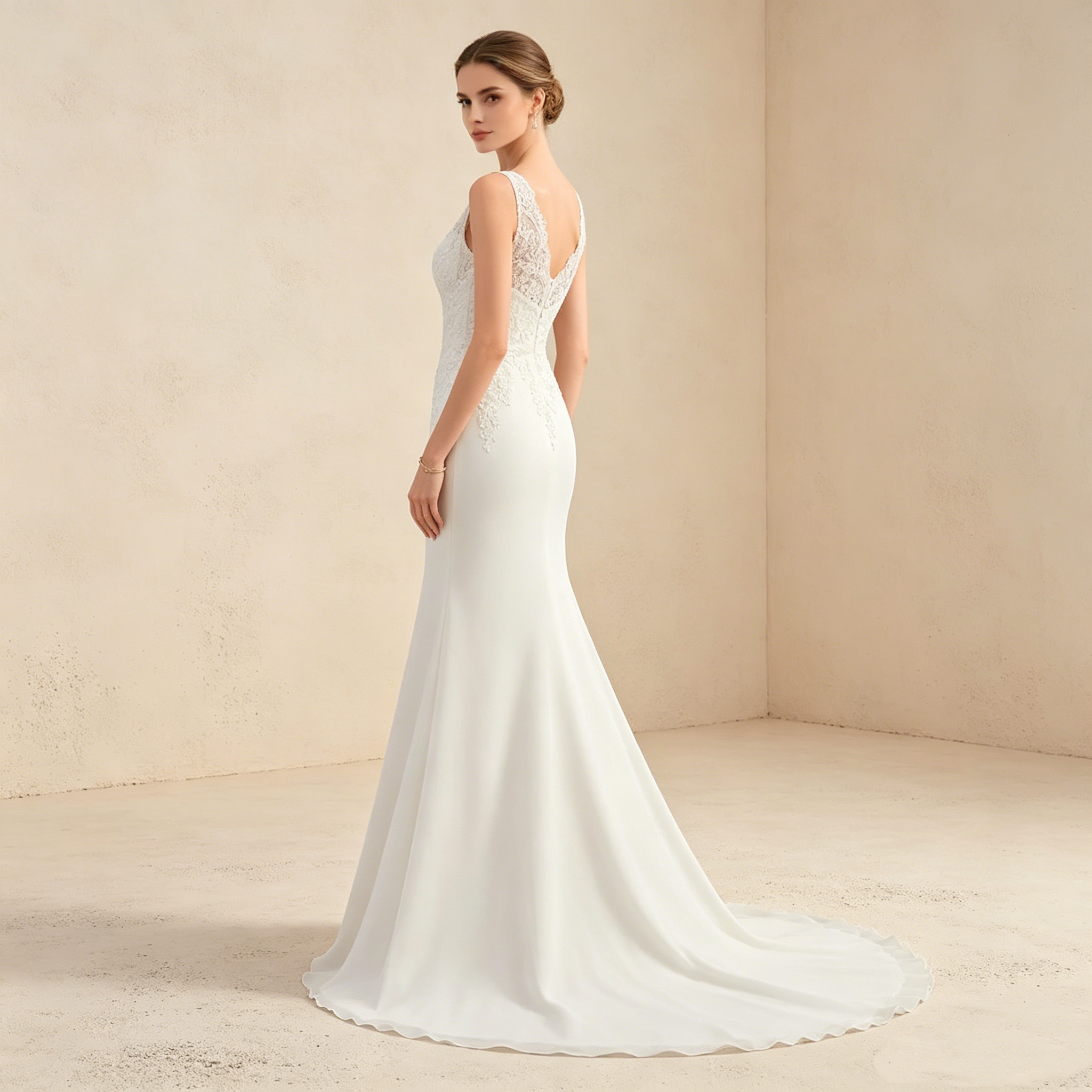 Exklusives weißes Abendkleid mit floraler Spitze im Meerjungfrau-Stil, elegantes bodenlanges Maxikleid mit V-Ausschnitt