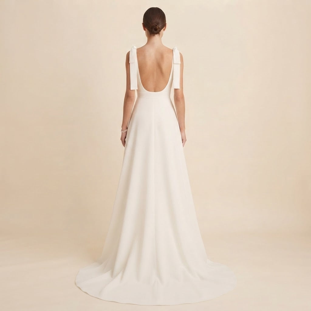 Festliches Maxikleid mit Schleifen‑Trägern, Square‑Ausschnitt und tiefem Rückenausschnitt
