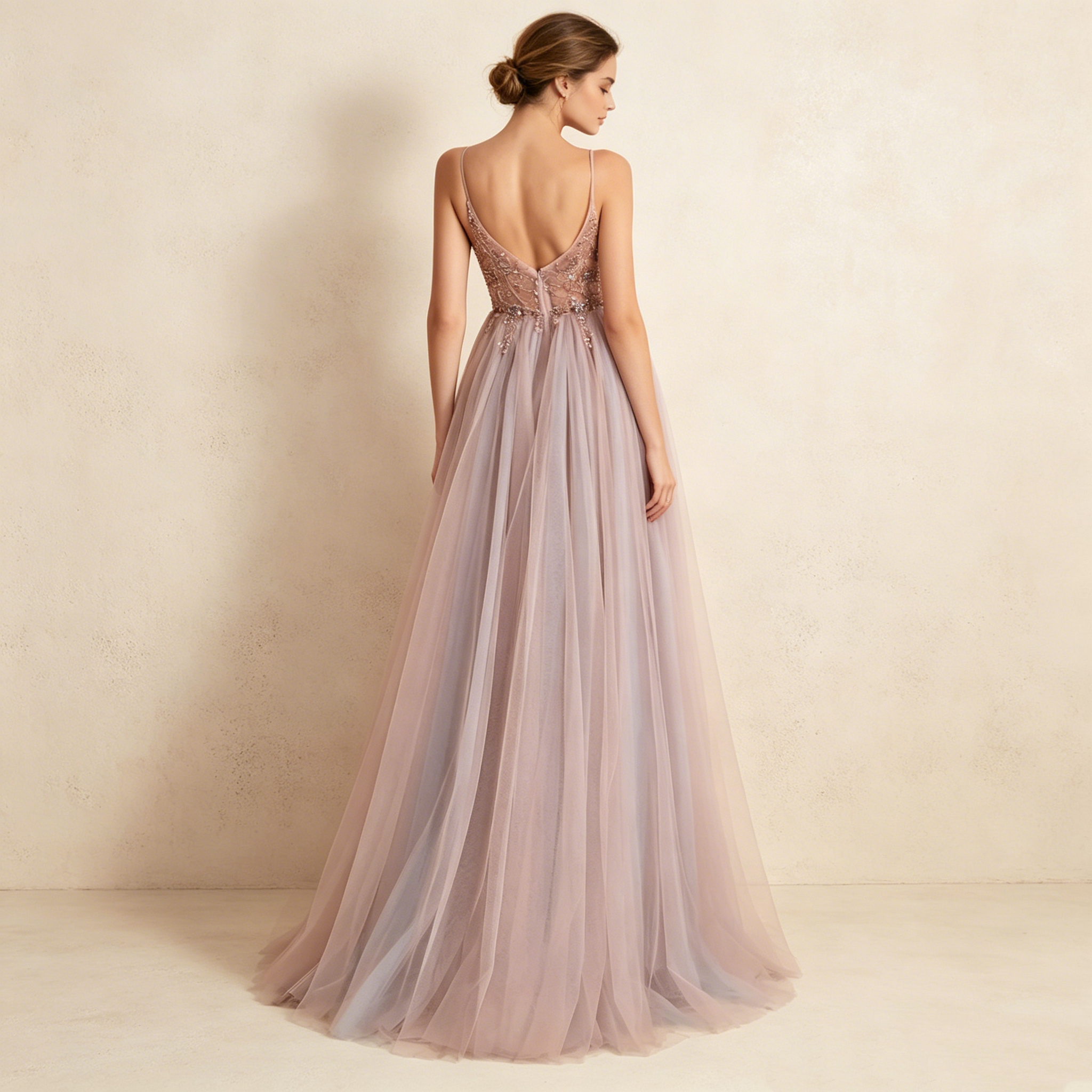 A-Linie Abendkleid mit Beinschlitz Elegantes Prinzessin Ballkleid Tüll Maxikleid - Altrosa