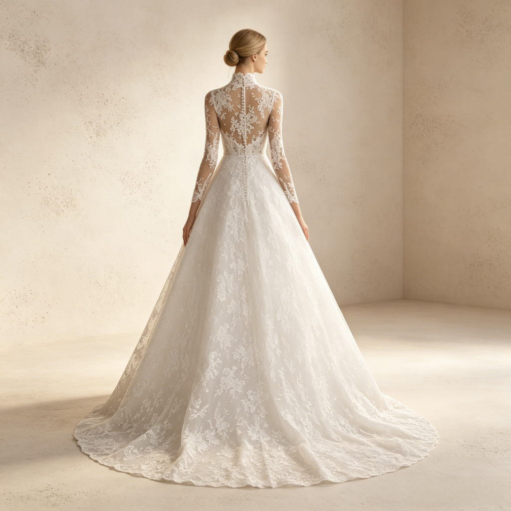 Elegantes Abendkleid mit Stehkragen, langen Spitzenärmeln und Spitzen-Applikationen – Weiß