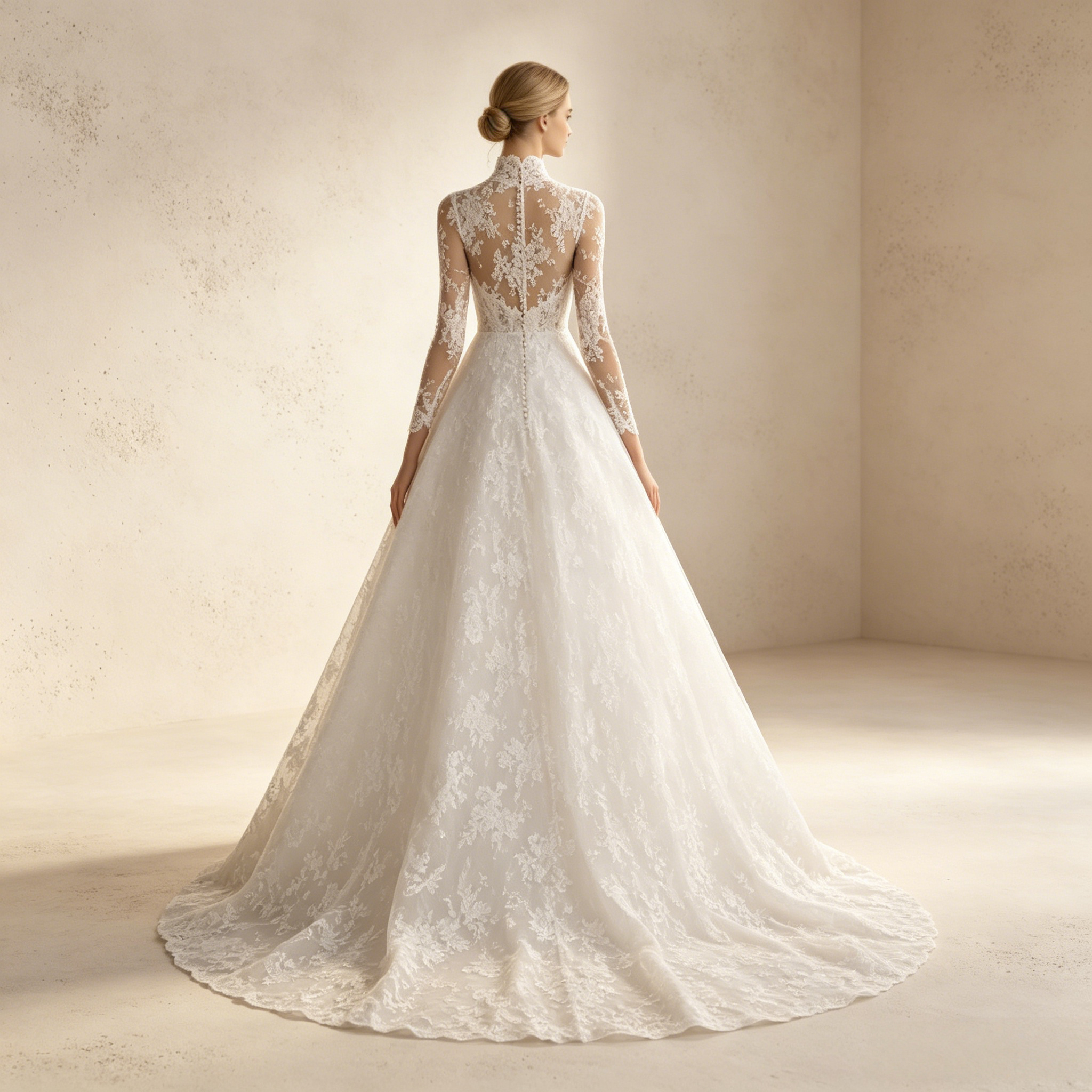 Elegantes Abendkleid mit Stehkragen, langen Spitzenärmeln und Spitzen-Applikationen – Weiß